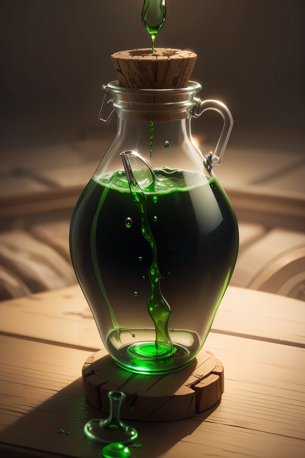 a green liquid in a glass bottle with a cork stopper, potion of healing, potion, magical potions, making a potion, magical potions, health potion, magic spell icon, garrafa de veneno hiper realista, painting of one health potion, potions, shiny potions, Beautiful green liquid, Magic Experiment, magic item, alchemist lab, casting a spell on a potion