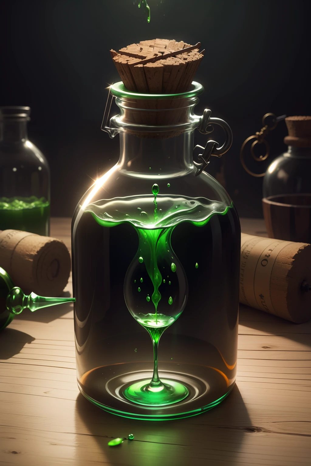 a green liquid in a glass bottle with a cork stopper, potion of healing, potion, magical potions, making a potion, magical potions, health potion, magic spell icon, garrafa de veneno hiper realista, painting of one health potion, potions, shiny potions, Beautiful green liquid, Magic Experiment, magic item, alchemist lab, casting a spell on a potion