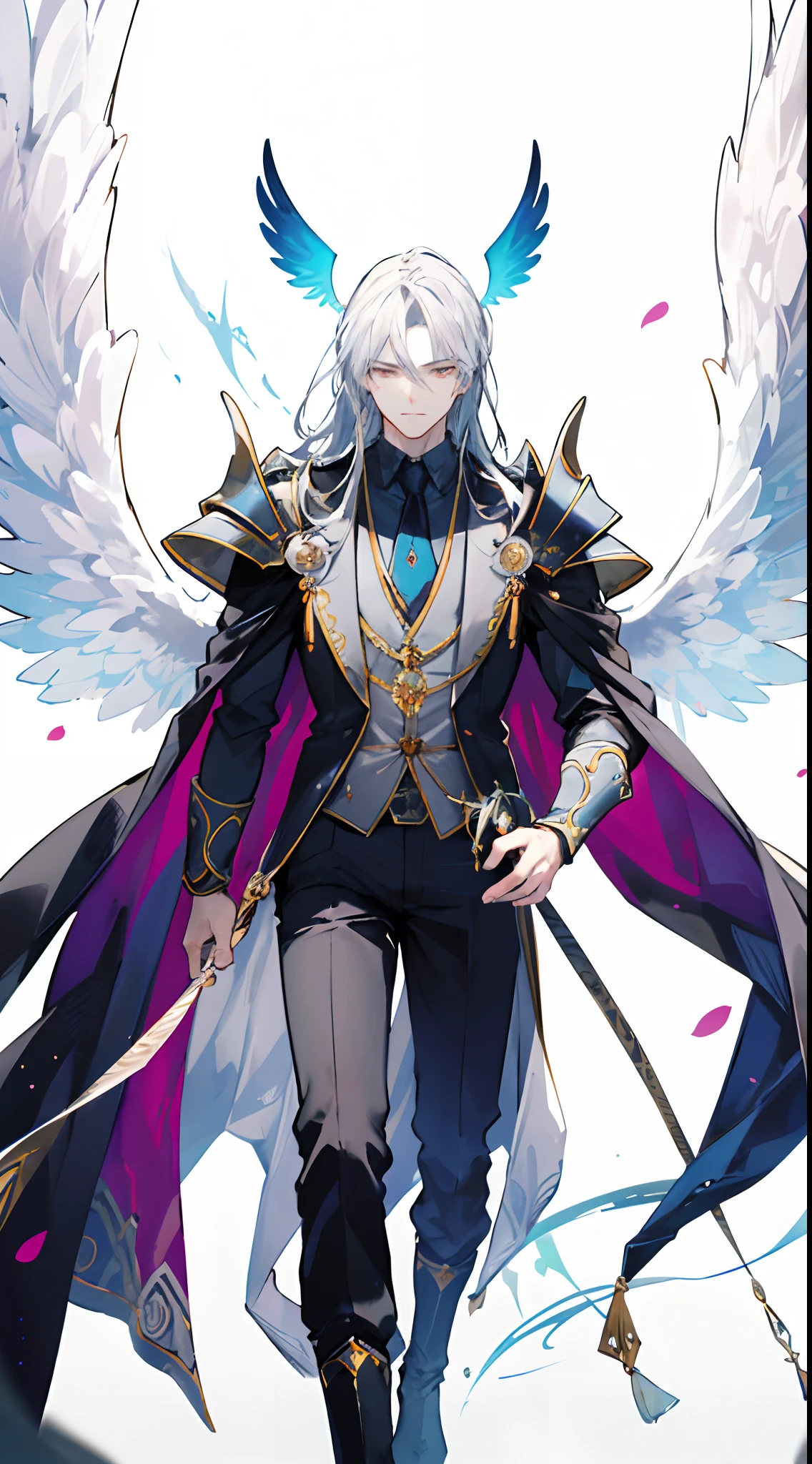 "Generate an image portraying Alfred's true form, concealed beneath a thick armor of radiant light, adorned with majestic wings. Depict him standing regally, his visage obscured by the brilliance of his divine attire. Convey the sense of awe and reverence that his celestial presence commands, as he stands as the epitome of otherworldly power and enigma."