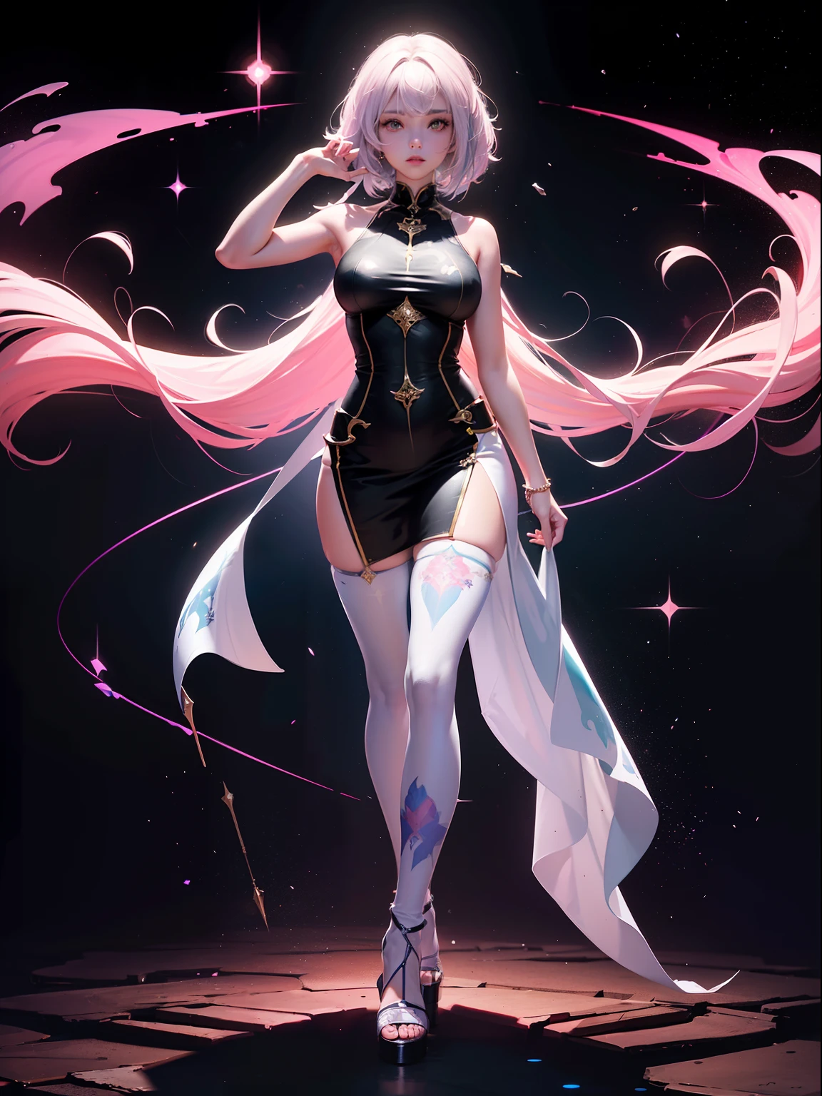 (full body:1.5)，(1girl:1.3),(view the viewer:1.4)，(anatomy correct:1.45),(Wear printed fantasy Crusader Plate and point-toe heels ，and very thick printed pantyhose :1.35), (Light particle effect:1.3),(In pink | amarelo | blue colors| green color |red colour | white colors| black in color| purpleish color| greys| Beige| Flesh color 1.4)，(Glowing eyes:1.3),(Large amplitude action: 1.3)，(Accurate and perfect face:1.4),hyper HD, Ray traching, reflective light，structurally correct, Award-Awarded, high detal, lightand shade contrast, Face lighting，cinmatic lighting, tmasterpiece, super detailing, high high quality, high detal, best qualityer, 16k，High contrast,