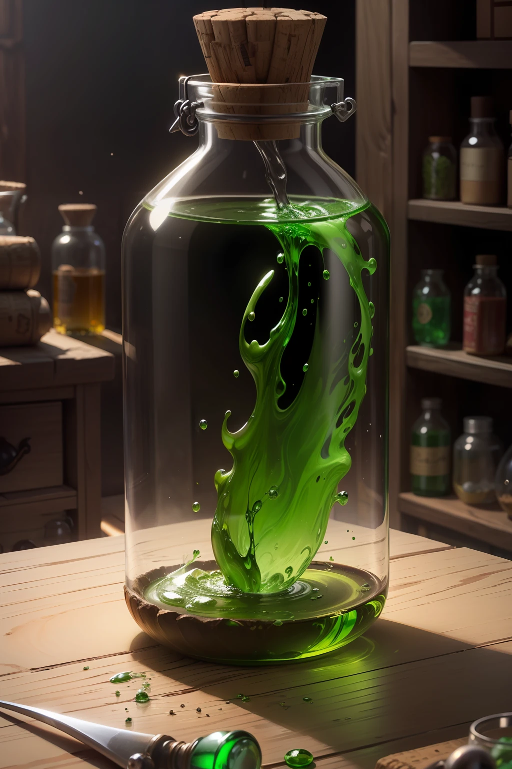 a green liquid in a glass bottle with a cork stopper, potion of healing, potion, magical potions, making a potion, magical potions, health potion, magic spell icon, garrafa de veneno hiper realista, painting of one health potion, potions, shiny potions, Beautiful green liquid, Magic Experiment, magic item, alchemist lab, casting a spell on a potion