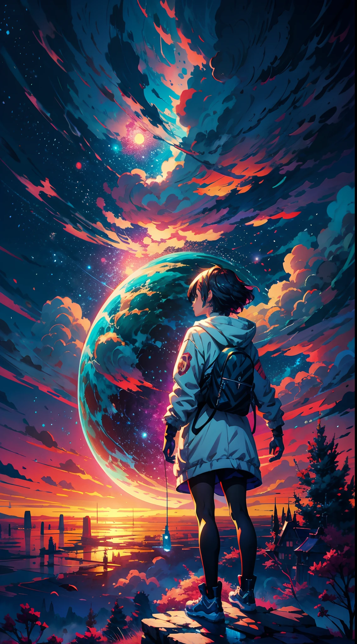 anime girl standing on a rock looking at a star filled sky, makoto shinkai cyril rolando, anime art wallpaper 4k, anime art wallpaper 4 k, anime art wallpaper 8 k, cosmic skies. by makoto shinkai, inspired by Cyril Rolando, in the style dan mumford artwork, amazing wallpaper, by Yuumei
