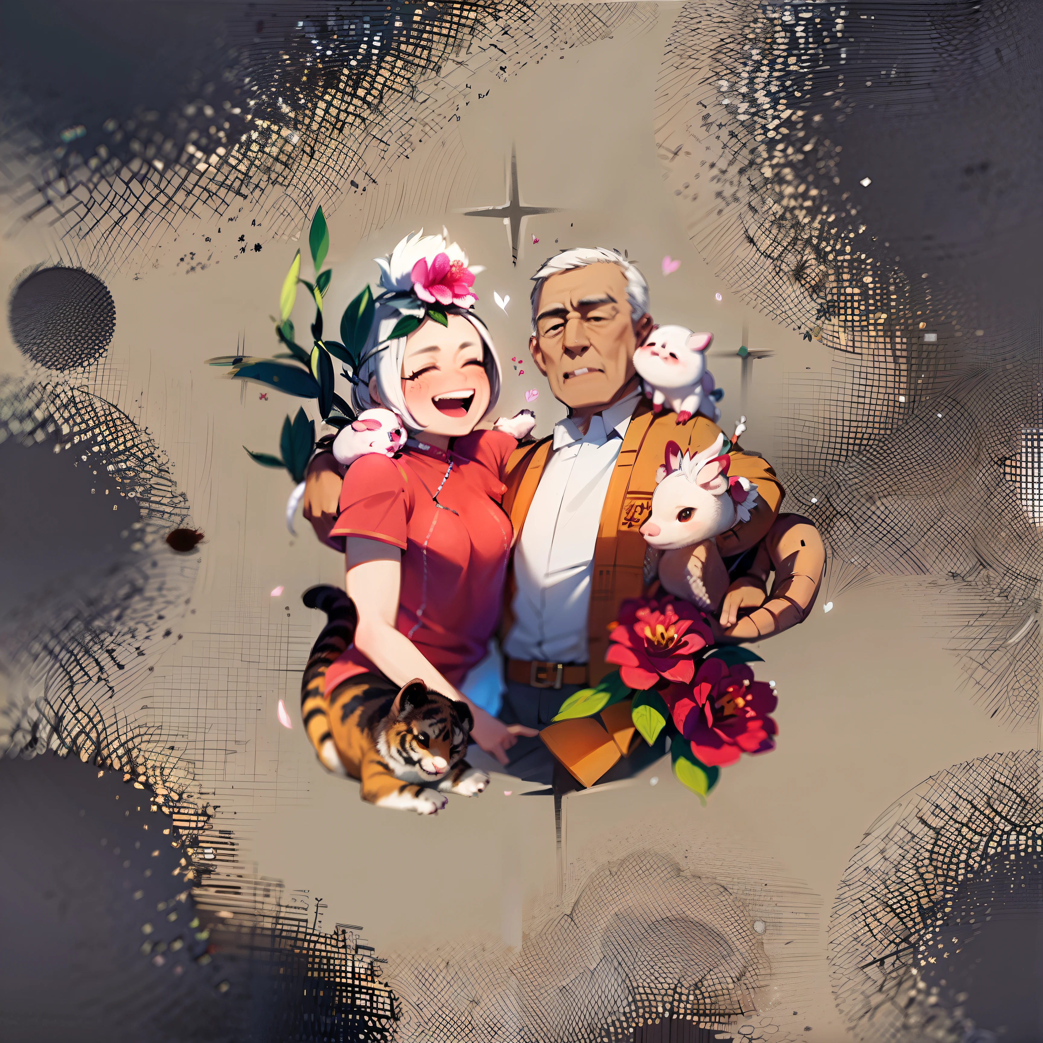 (Grandparents as protagonists,Two cute little piglets, One lies on Grandma's shoulder,One sits on Grandpa's shoulders,Sit on grandpa,A cute little lamb lies on her grandmother's head,In the lower left corner is a cute tiger,To Grandpa's right is a cute dragon,Under the dragon are two camellias，Next to my grandmother was a faint orchid):2