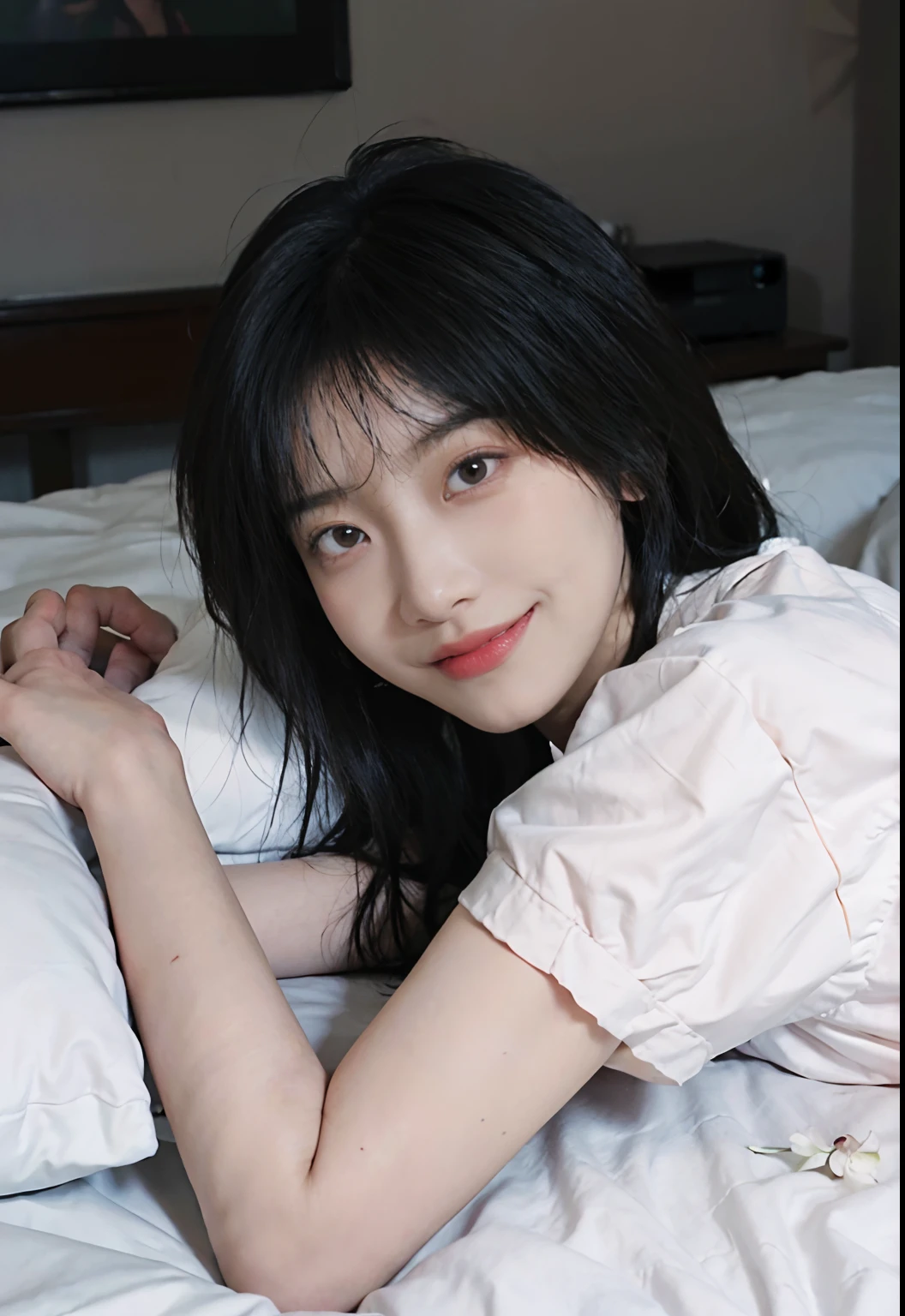 Nikon RAW photo, 8 k, Fujifilm XT3, masterpiece, shirtPink quality, realistic, photorealistic, (lying in bed), (sheets), (lying on pillow), (giggle: 1.1), best quality, (detailed facial features), (eyelashes: 1.1), (depth of field: 1.1), (chromatic aberration: 1.1), (caustics: 1.1) goddess