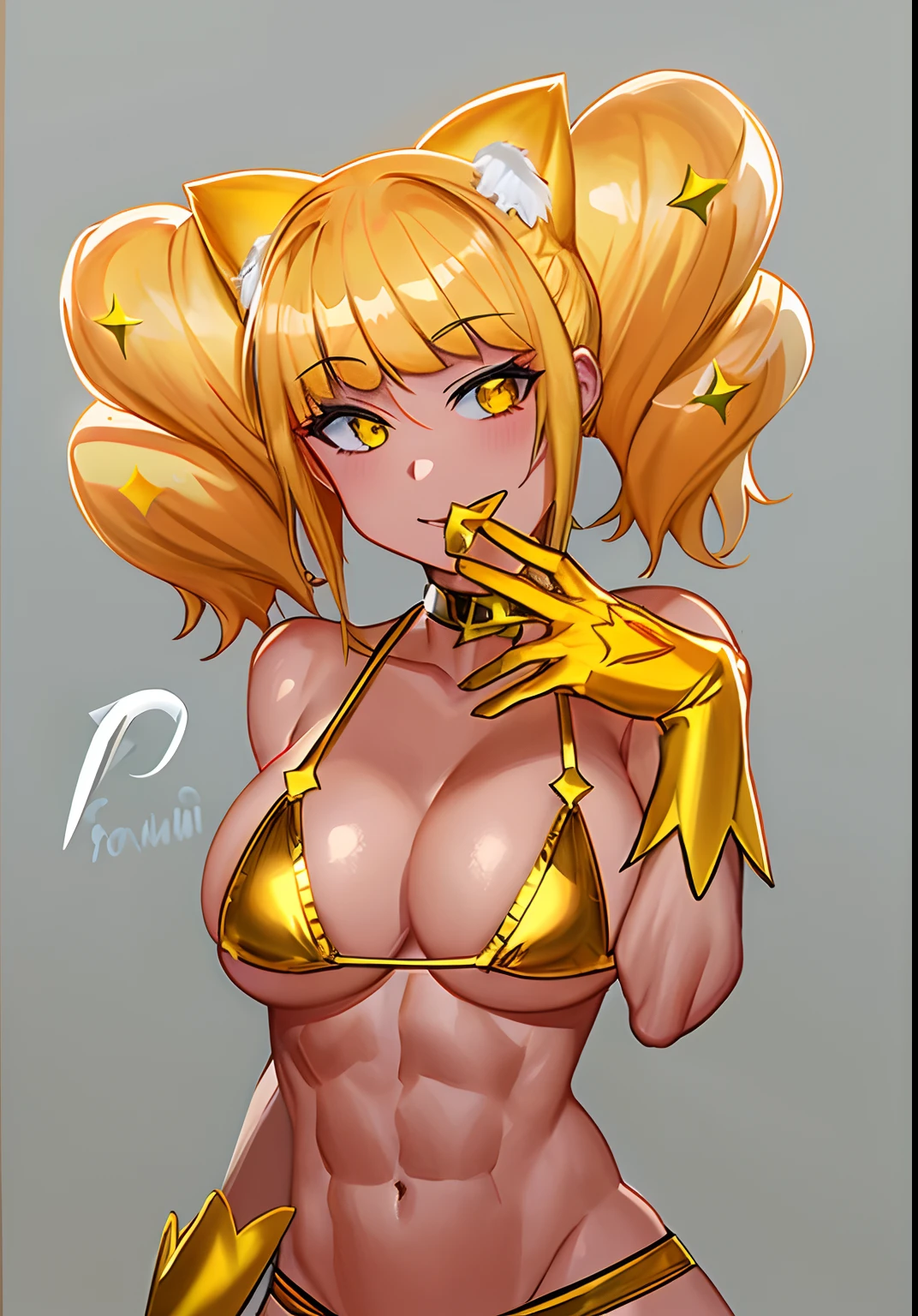 Cartoon image of a man in a golden bikini with cat ears, Long blonde boy, white glove, muscular, marin kitagawa fanart, shoun, fanart, digital anime art!!, pixiv 3dcg