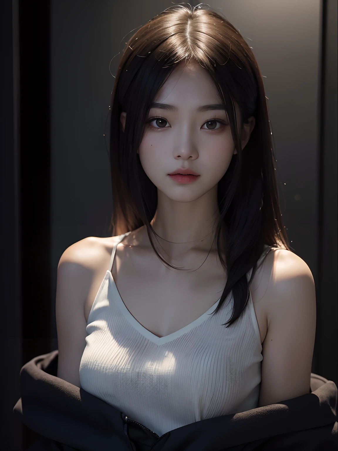 best qualtiy,tmasterpiece,超高分辨率,(fidelity:1.4),RAW photogr,1girl,cropped shoulders,in the darkness nigth,deep shading,Look directly into the camera with your upper body on the front