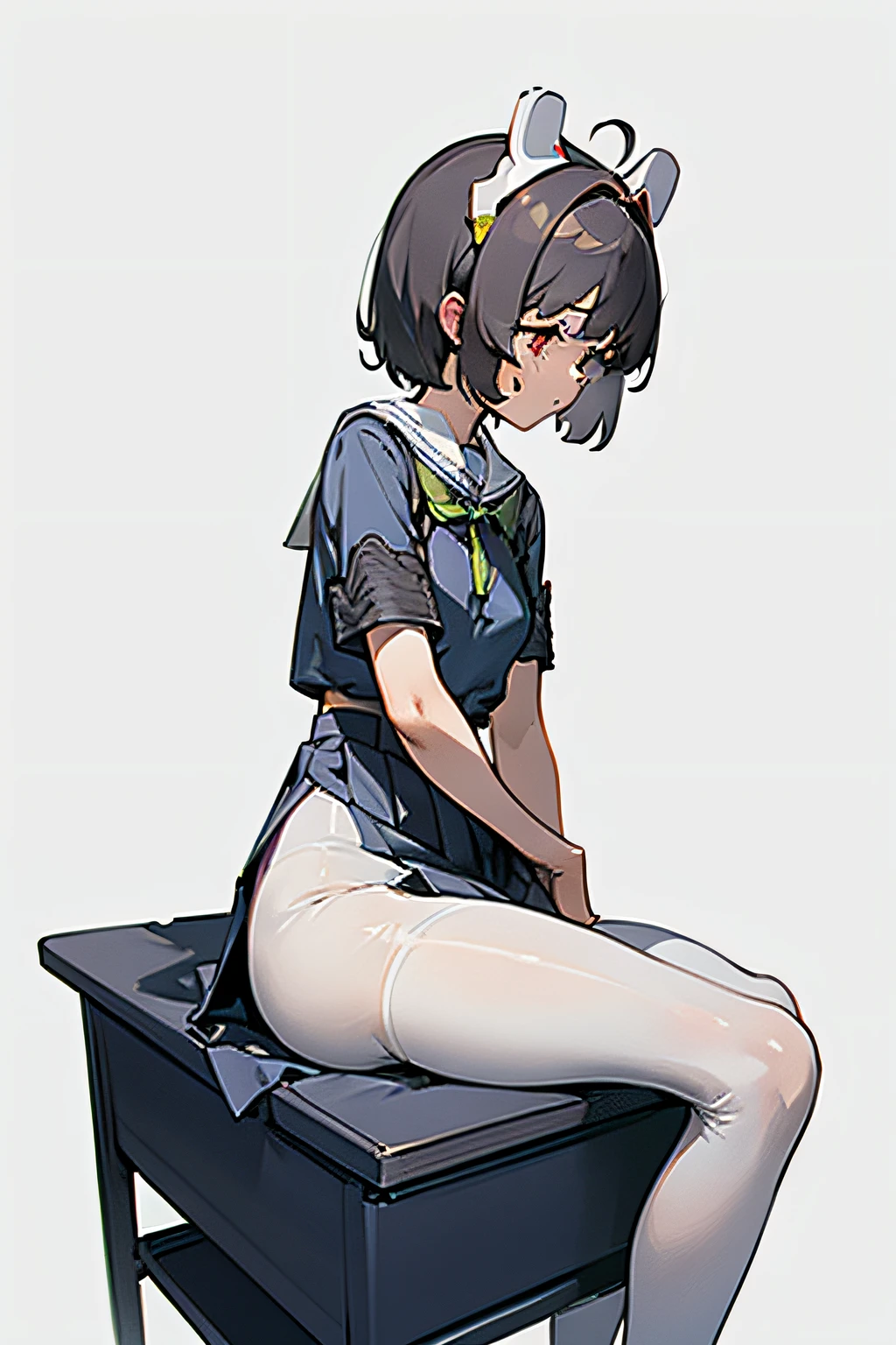 1girl, Kasumizawa Miyu (Blue Archive),(solo), ((masterpiece)), (shadow), [slim], (small breasts), (detailed:1.7), (thick lines), cinematic lighting, (textured skin), ((sharp focus)), ((very clear)), drop shadow, focused, shading, tracing, smooth, pale skin, sharp, (pixiv), (skirts), (sitting) on a table, classroom, (pelvic bones),school uniform, skirt, white pantyhose, shoes, armband, leaf on head, masterpiece, ultra detailed, white pantyhose, see-through clothes, simple background