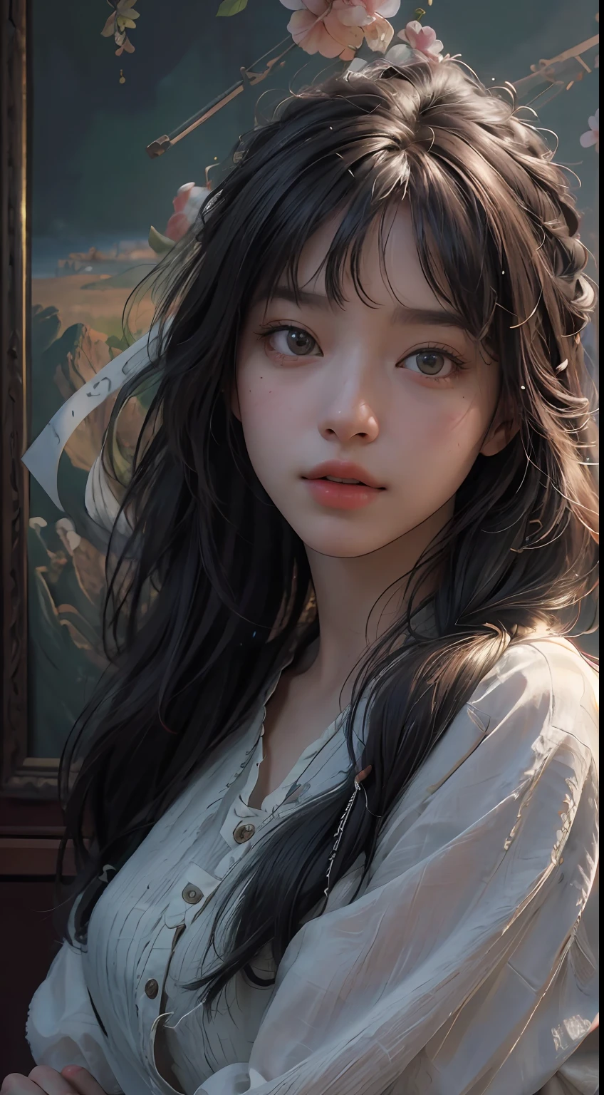 (RAW photo, best quality), (realistic, photo-realistic:1.3),best quality,highly detailed,masterpiece,ultra-detailed,illustration,1girl,upper_body,dynamic angle,world masterpiece theater,messy_long_hair,best quality,extremely detailed CG unity 8k wallpaper,ink,Amazing,cinematic lighting,lens_flare, dunhuang_style