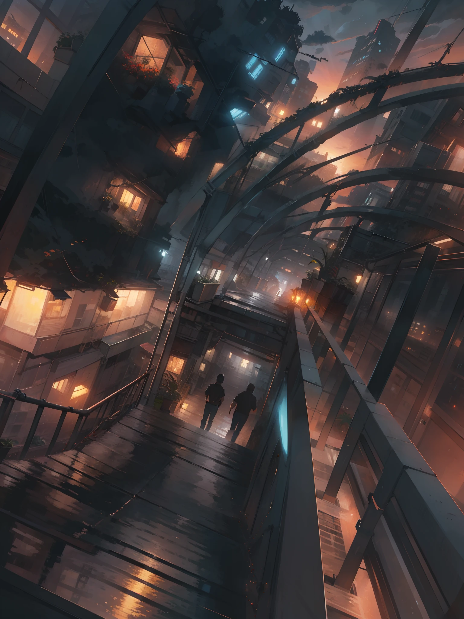 detailed background, landscape, metal, window, air conditioner, building, outdoors, potted plants, stairs, windows, concrete, (illustration:1.0), masterpiece, best quality, cyberpunk, tunnel, potted plants, market place, cloudy sky