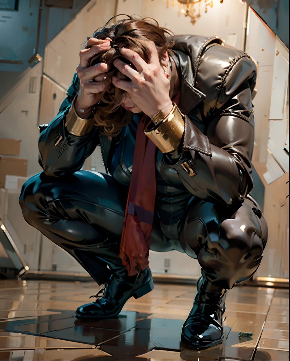 ((Best Quality)), ((Masterpiece)), (Detailed), (High Resolution:1.2), (Masterpiece), (Best Quality), (Ultra Detailed), (Masterpiece), (The best quality), (ultra detailed), (masterpiece), (best quality), (ultra detailed), masterpiece, , (masterpiece)+, Man squatting with legs apart, holds head with both hands in pain, right leg, short brown haircut, wears a tight spandex suit that covers her entire body, head faces the ground,