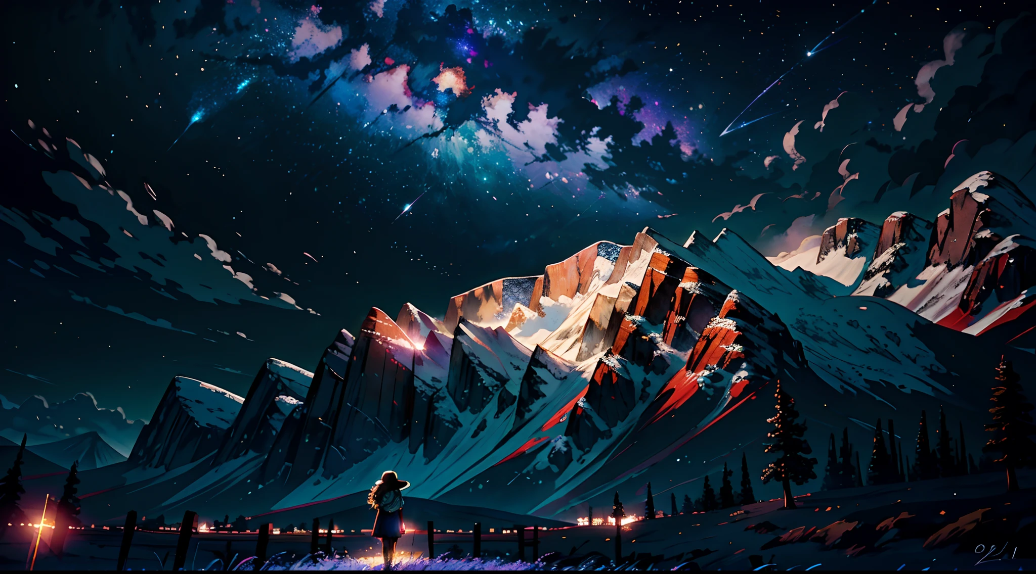 Expansive landscape photograph, (view from below with a view of the sky and the wilderness below), little girl standing in a flower field looking up, (full moon: 1.2), (shooting star: 0.9), (nebula: 1.3), distant mountain, tree break production art, (warm light source: 1.2), (firefly: 1.2), lamp, purple and orange, intricate detail, volume lighting BREAK (masterpiece: 1.2), (highest quality ), 4k, ultra-detailed, (dynamic configuration: 1.4), highly detailed and colorful details (iridescent: 1.2), (sparkling lighting, atmospheric lighting), dreamy, magical, (solo: 1.2)