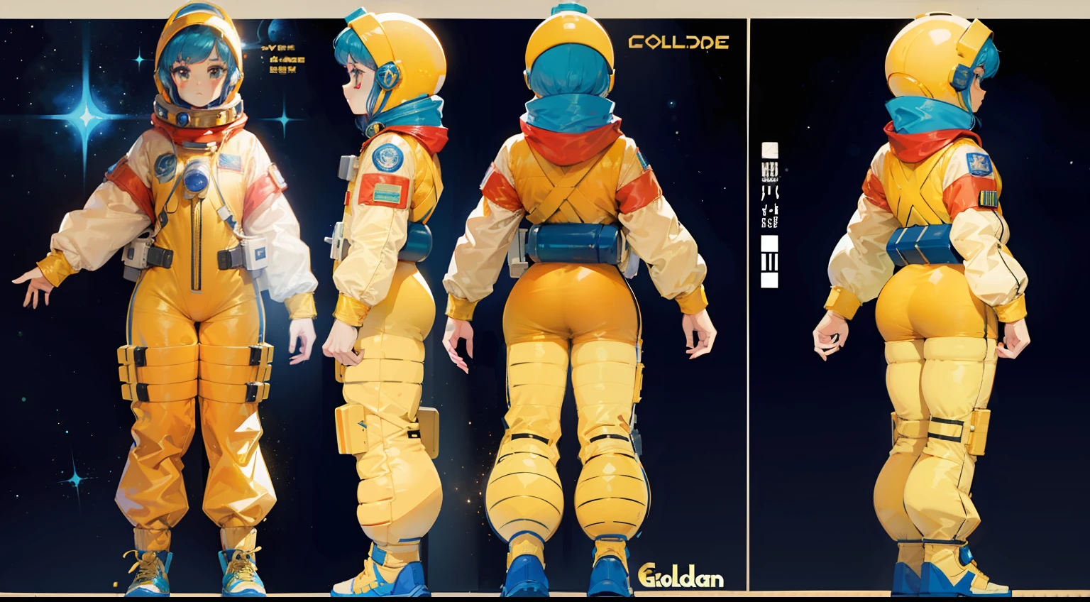 character design sheet, woman space cadet, ((golden retro space suit)), sci-fi sneakers
