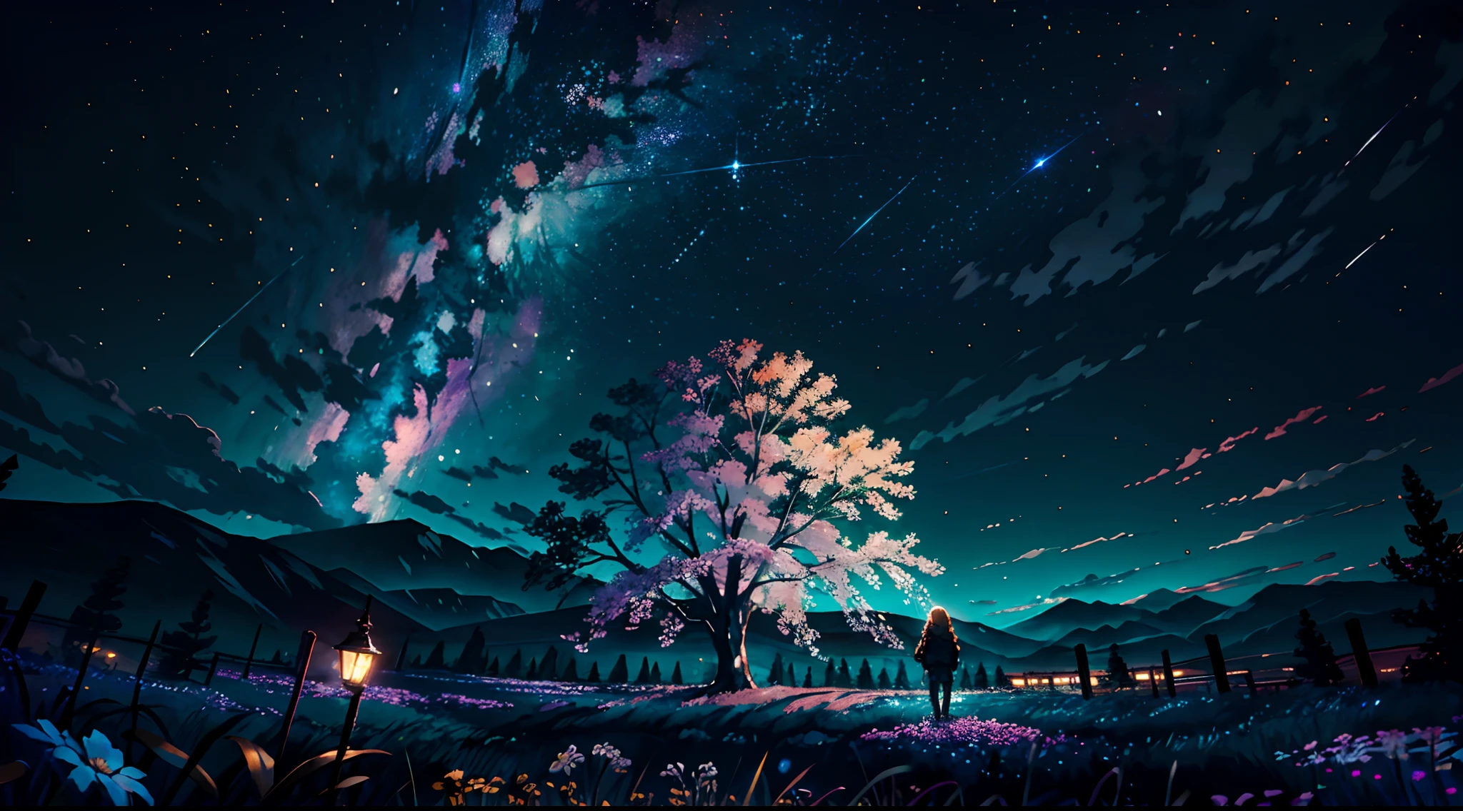 Expansive landscape photograph, (view from below with a view of the sky and the wilderness below), girl standing in a flower field looking up, (full moon: 1.2), (shooting star: 0.9), (nebula: 1.3), distant mountain, tree break production art, (warm light source: 1.2), (firefly: 1.2), lamp, purple and orange, intricate detail, volume lighting BREAK (masterpiece: 1.2), (highest quality ), 4k, ultra-detailed, (dynamic configuration: 1.4), highly detailed and colorful details (iridescent: 1.2), (sparkling lighting, atmospheric lighting), dreamy, magical, (solo: 1.2)