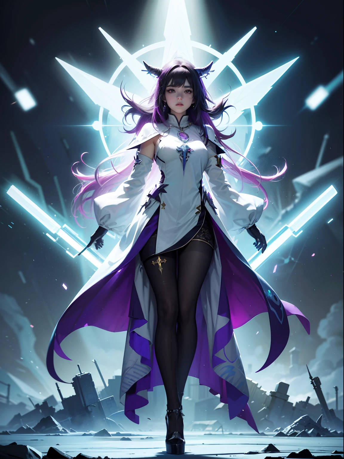 (full body:1.5),(1girl:1.3),(view the viewer:1.4),(anatomy correct:1.45),(Wear printed fantasy Holy Priest set and point-toe heels ,and very thick printed pantyhose :1.35), (Light particle effect:1.3),(In pink | amarelo | blue colors| green color |red colour | white colors| black in color| purpleish color| greys| Beige| Flesh color 1.4),(Glowing eyes:1.3),(Large amplitude action: 1.3),(Accurate and perfect face:1.4),hyper HD, Ray traching, reflective light,structurally correct, Award-Awarded, high detal, lightand shade contrast, Face lighting,cinmatic lighting, tmasterpiece, super detailing, high high quality, high detal, best qualityer, 16k,High contrast,