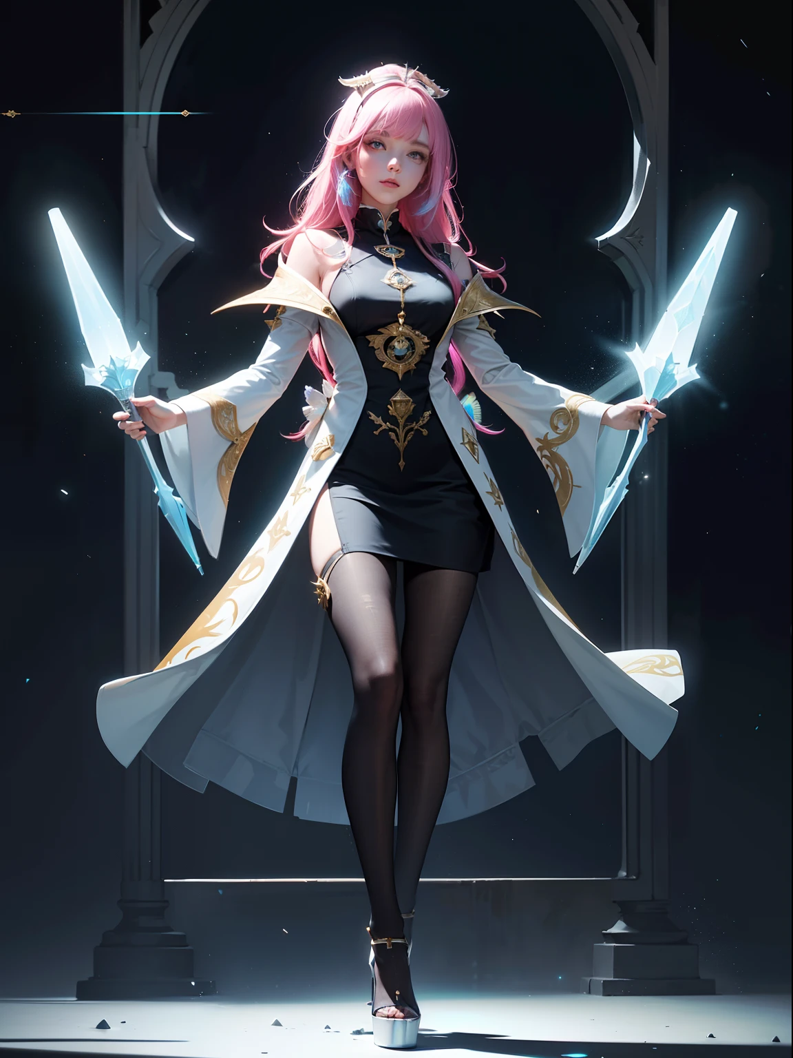 A slender woman with long lilac hair　　Navel exposure　white tank top　Short tights　whole body expression　The background is a swarm of monsters　brown boots　off shoulder　goddess　Robe with pink feathers