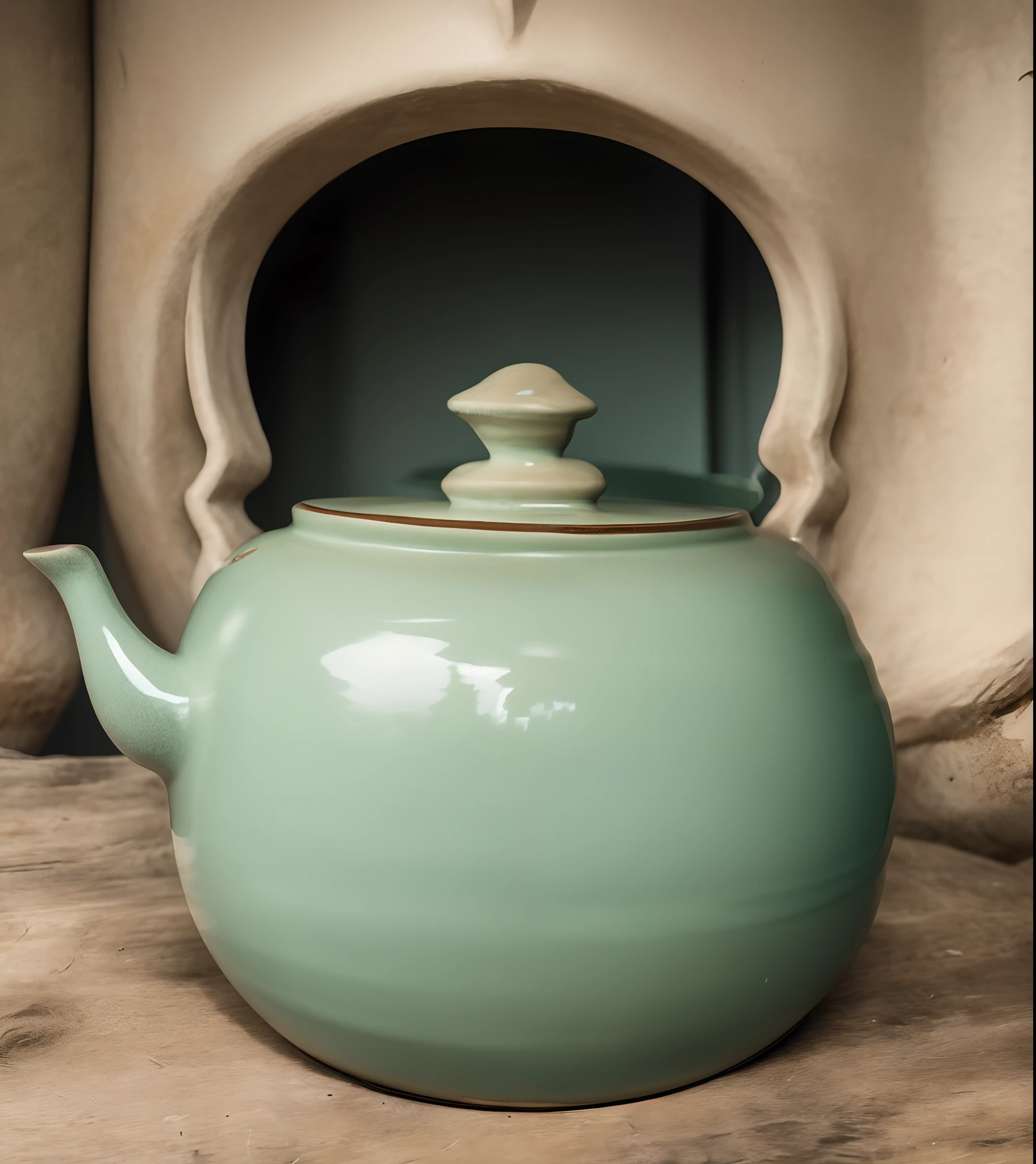 There is a teapot with a handle on the table, celadon glaze, with celadon glaze, pot, teapot, teapot, teapot : 1, author：Hendrik Gretz Pot , inspired by Hendrik Gerritsz Pot, ceramic pot, kettle, Song Dynasty, Japan pottery, author：Jens Sendergaard, Clay, handmade pottery