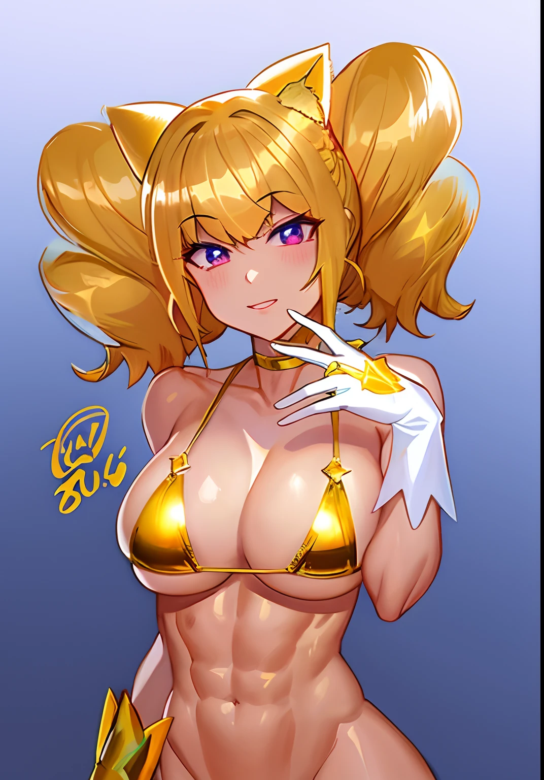 Cartoon image of a man in a golden bikini with cat ears, Long blonde boy, white glove, muscular, marin kitagawa fanart, shoun, fanart, digital anime art!!, pixiv 3dcg