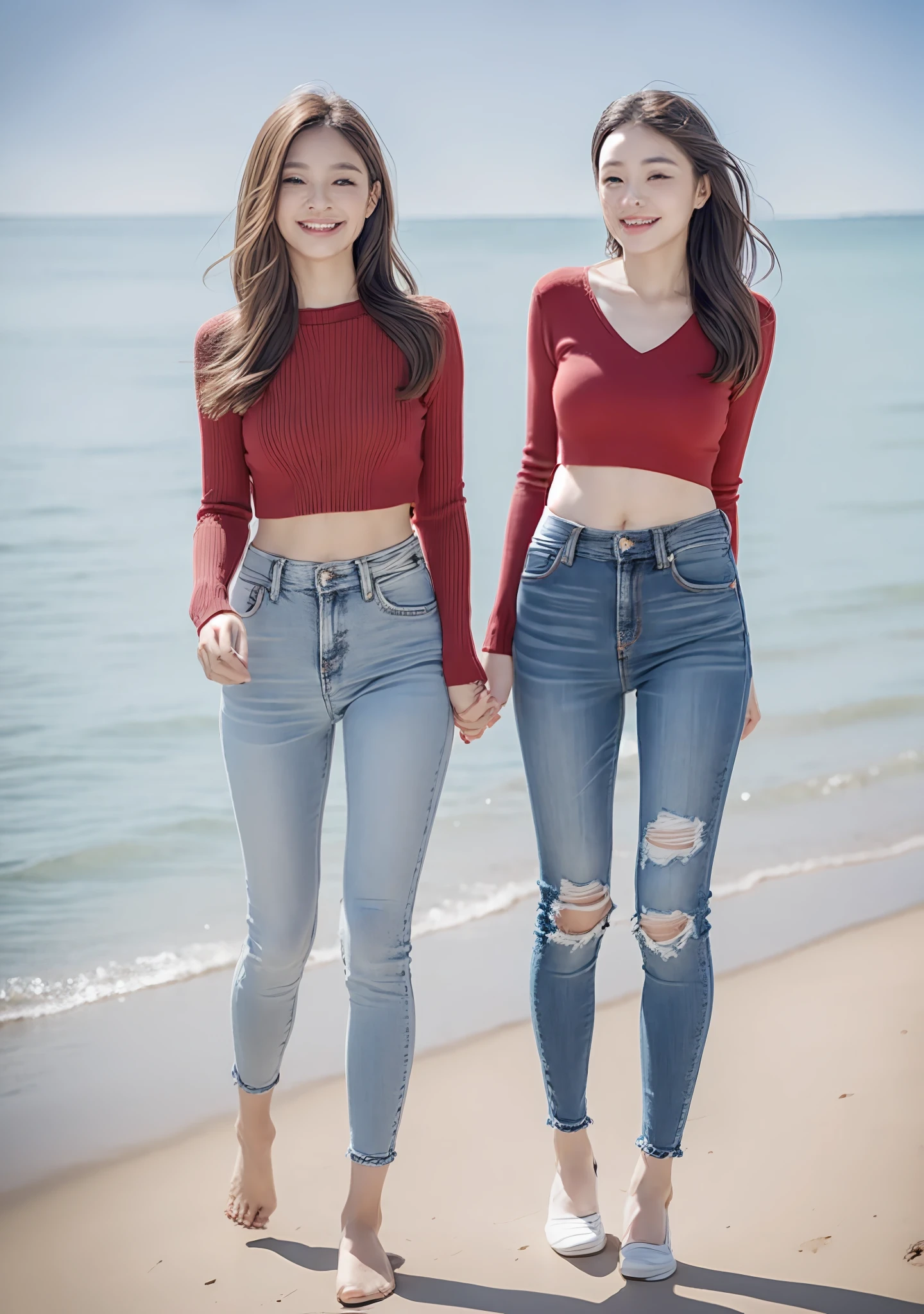 Woman in jeans on the beach,Dancing sexy,Full body shooting:1.8(RAW photogr,超高分辨率,8K,HD,tmasterpiece,best qualtiy),Complicated details, 20 years old Asian woman,Women wear cropped skinny sweaters(Slim fit,Fit snugly to the body)and trendy jeans with open navels,Realistic and detailed costumes,Detailed beach,A sweet smile appeared on the little face,The face is white and tender,skin lightening,Ultra-realistic facial details,Beautiful accessories,Playful and coquettish pose,The calves are straight and slender:1.5,Wear high-end branded travel shoes:1.5,eventide,warm color,Broad lighting,naturalshadow,taking a full body photo:1.8