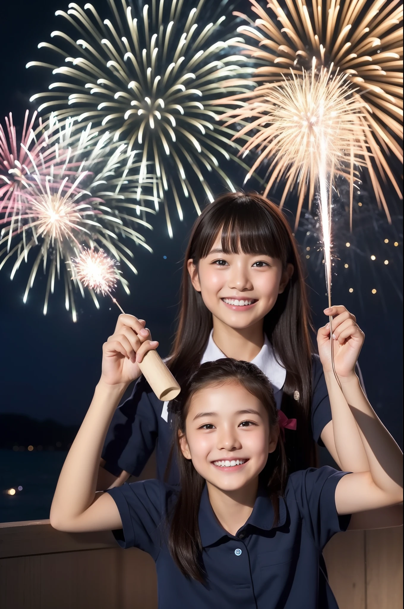 A smile、hi-school girl、While doing fireworks、mare