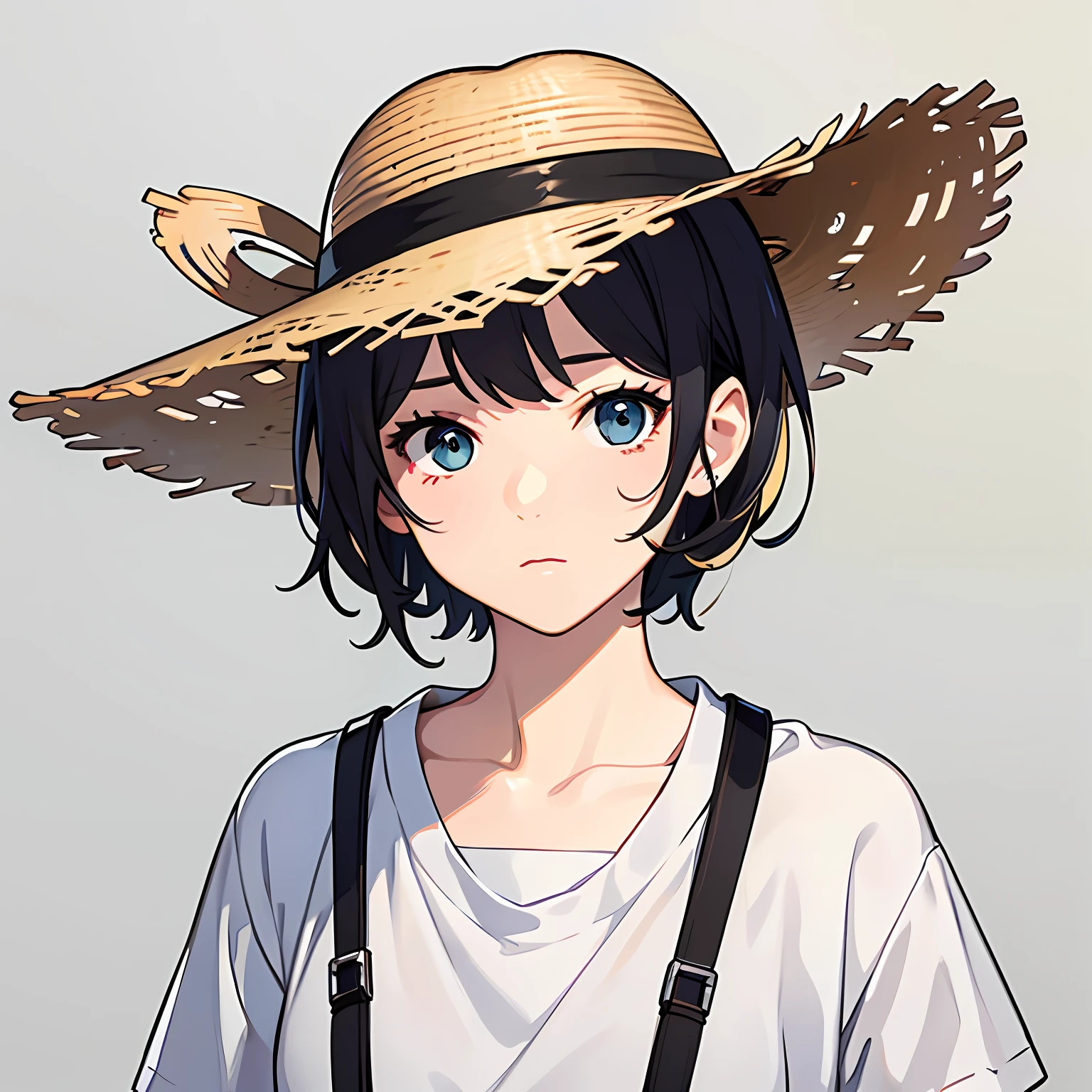 (Character stickers:1.2), Simple design, White plain background,A girl wearing plain white shirt jeans all over,Black hair short hair,Upright,Straw hat