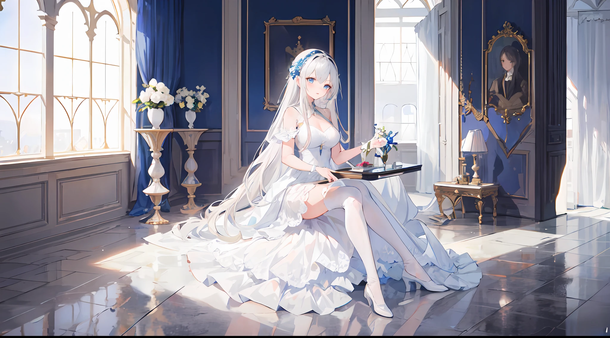 1 mature girl, masterpiece, best quality, highres, 16 k, uhd, silver hair, long hair, blue eyes, beautiful detailed eyes, white dress, white palace room, full body, white stockings,