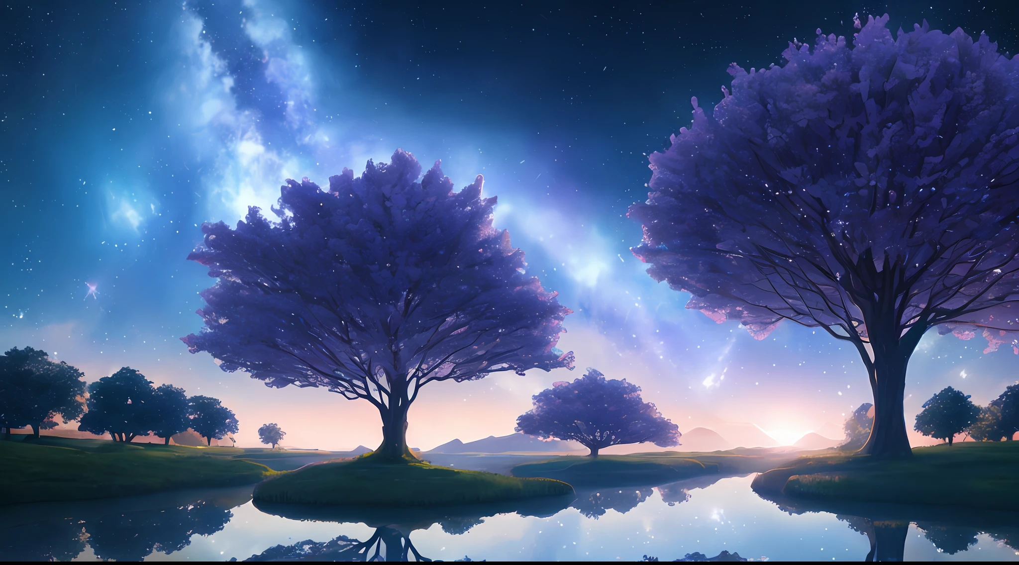Illustration of a hyperrealistic , otherworldly, ultrasky scene featuring a giant crystal tree full body,very detailed and magical lighting, intricate forest details, vegetation and river around, solarpunk ,landscape, giant tree, beatifull leafy with beautiful lighting and realistic proportions, as if it were a cinematic background, 8k, highest quality, masterpiece, clouds and stars in the sky. Galaxies, blossom trees