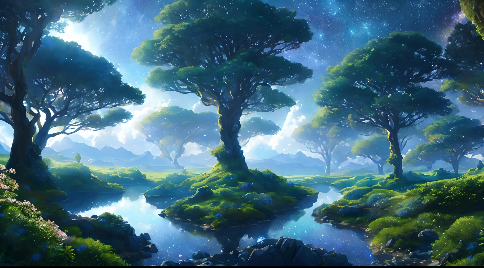 Illustration of a hyperrealistic , otherworldly, ultrasky scene featuring a giant crystal tree full body,very detailed and magical lighting, intricate forest details, vegetation and river around, solarpunk ,landscape, giant tree, beatifull leafy with beautiful lighting and realistic proportions, as if it were a cinematic background, 8k, highest quality, masterpiece, clouds and stars in the sky. Galaxies, blossom trees