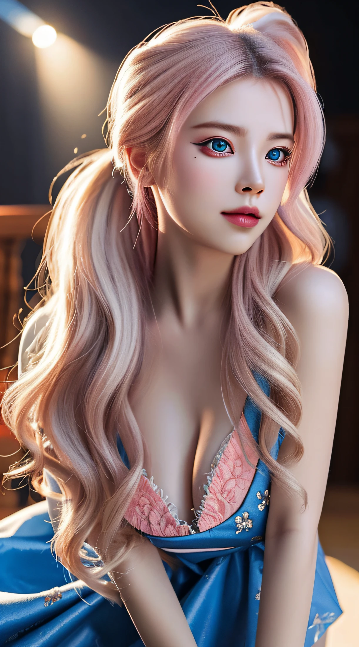 masutepiece, (black pink:1.2), (Dopey Eyes:1.9), Large breasts, cute kittens, jump, ohwx, fighting each other, Cutest, Best Quality, Long hair, glow effect, Swirls of black aura, Rim Light, With a well-proportioned body, (tmasterpiece:1.4), sportrait, A pink-haired, Colossal tits, ssmile, Convoluted, Very meticulously, Artistic germination and art of Nguyen Gia and Greg Rutkowski Armor in Surrealist painting, (tmasterpiece, Exquisite and beautiful eyes:1.2 ), tmasterpiece, Beautiful moving bust of a royal woman, Decorated with brilliant and intricate floral jewelry, upgrade, (hyperrealistic), (illustration), (high resolution), (8K), (extremely detailed), (beautiful detailed eyes), (best quality), (ultra-detailed), (masterpiece), (wallpaper), (photorealistic:1.4), (natural light), (rim lighting), (detailed face), high detailed realistic asian skin texture, anatomically correct, solo, 1 girl, (high detailed realistic long wavy white hair:1.35), (ponytail contorted:1.4), heterochromic eyes, (detailed blue eyes), small moles under the eyes, (realistic big breasts:1.5), long legs, tight abs, dynamic pose, sport bra, navy formal blazer, (upon body from head to thighs:1.4)