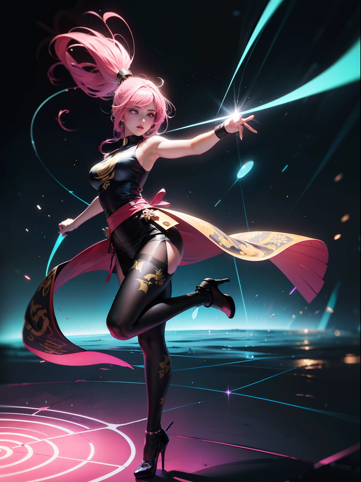 (full body:1.5),(1girl:1.3),(view the viewer:1.4),(anatomy correct:1.45),(Wear printed fantasy martial artist set and point-toe heels ,and very thick printed pantyhose :1.35), (Light particle effect:1.3),(In pink | amarelo | blue colors| green color |red colour | white colors| black in color| purpleish color| greys| Beige| Flesh color 1.4),(Glowing eyes:1.3),(Large amplitude action: 1.3),(Accurate and perfect face:1.4),hyper HD, Ray traching, reflective light,structurally correct, Award-Awarded, high detal, lightand shade contrast, Face lighting,cinmatic lighting, tmasterpiece, super detailing, high high quality, high detal, best qualityer, 16k,High contrast,