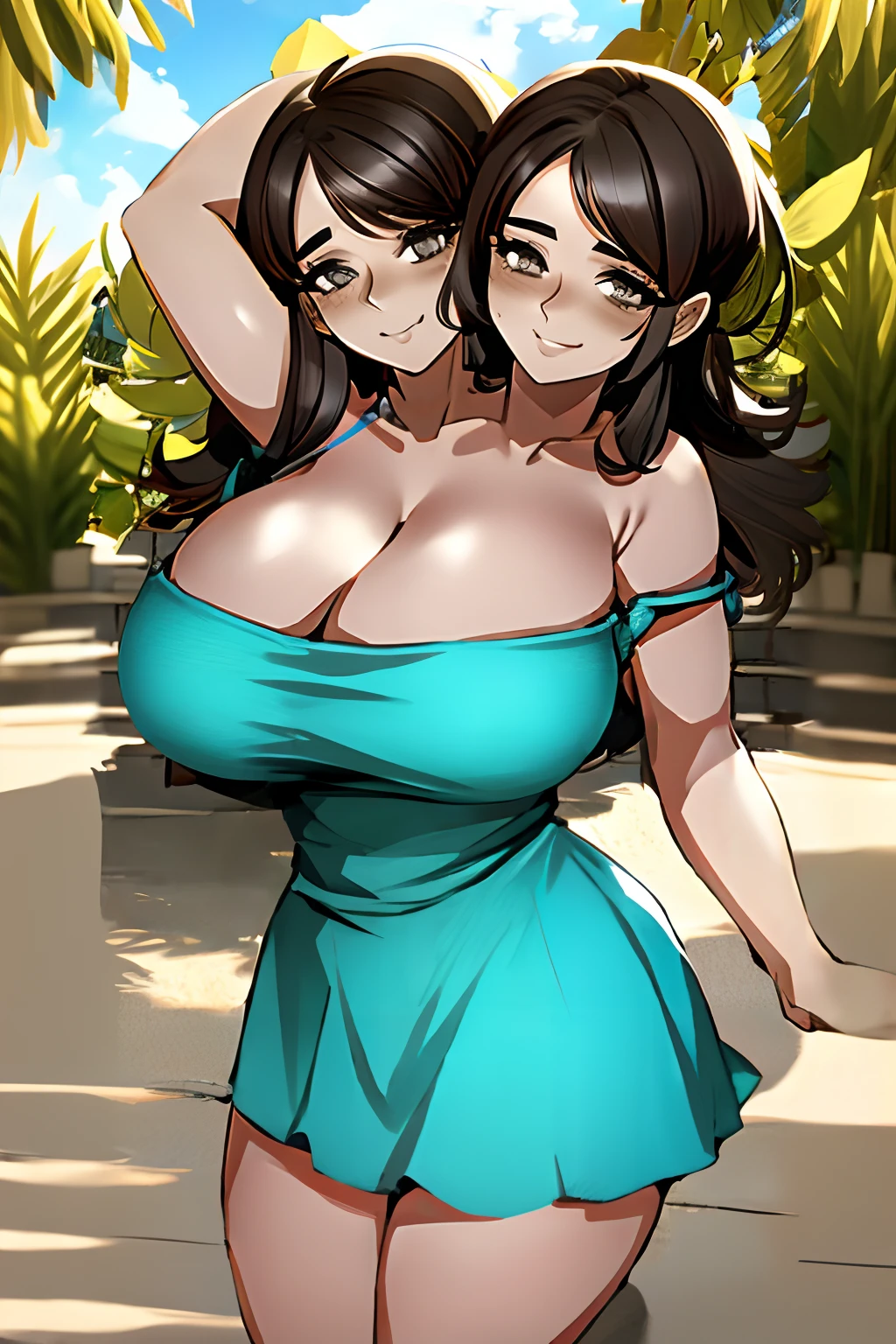 2heads, a short chubby woman with 2 heads. She has extremely huge breasts. She is outside in a park next to a pool. She is wearing a very tight sundress and a summer hat. She is smiling. She looks seductive. Her breasts are massive. She has circular breasts. She is sweating. She has enormous breasts. She looks very mature and has a full figure with gigantic breasts.