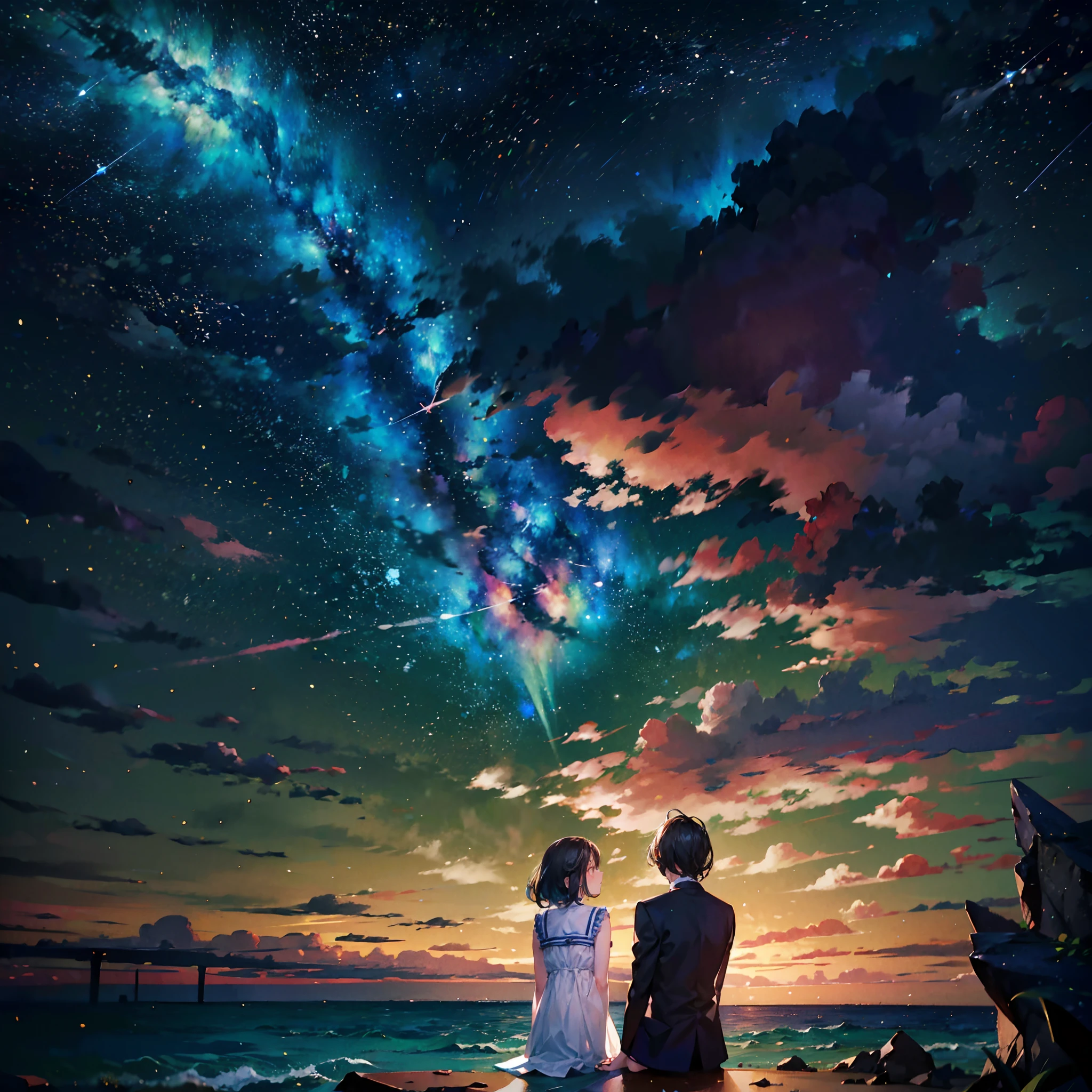tmasterpiece,high qulity,A boy and a girl,The two sat on the scorched stone mountain by the sea,The two looked up at the starry sky,Deep starry sky,The sea reflects the starry sky,the night,