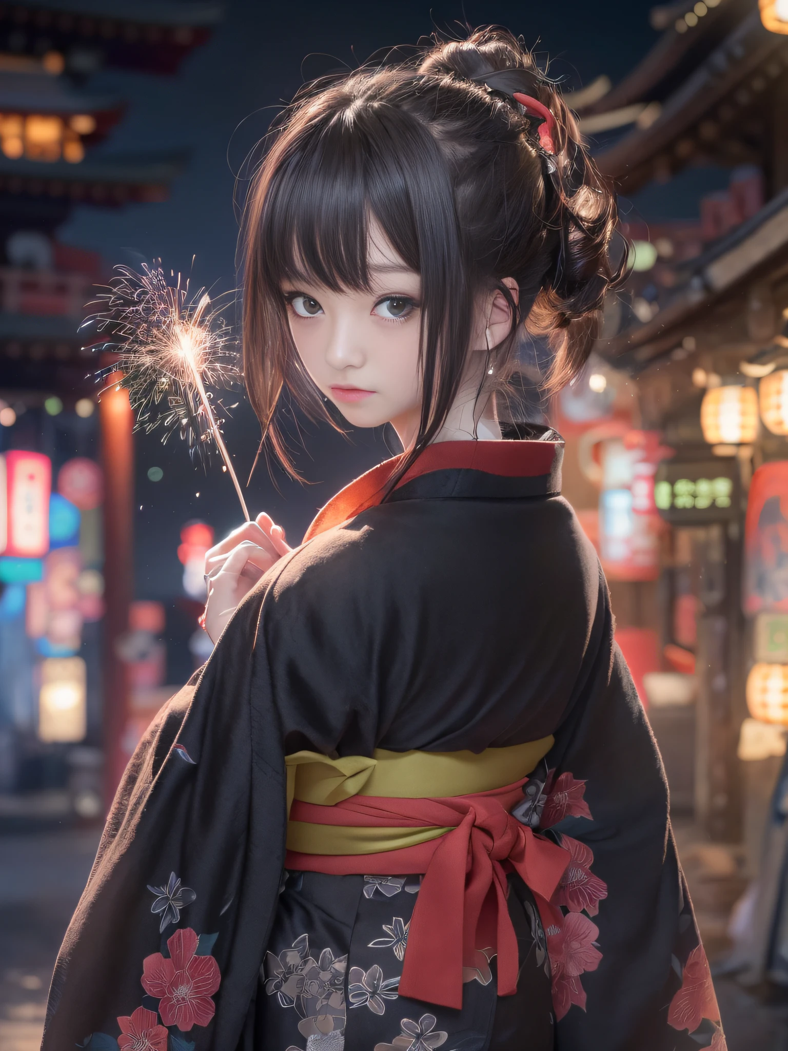 top-quality、masterpiece、超A high resolution、(natta:1.4)、(milkyway)、(Photorealsitic:1.4)、Raw photo、Detailed CG image quality、(Fireworks Festival:1.4)、Beautiful fece、1girl in、japanes、40 years、(beautidful eyes:1.4)、(((A dark-haired:1.4)))、(skin tanned:1.4)、(((Black yukata:1.4)))、(beautiful neck)、Large bust、slender body shape、detailed portrait、8K picture quality、concept-art、Cinematic and dramatic atmosphere、(Shrine of Japan:1.2)、(Festival flag,)、Paper decoration、foco nítido、Volumetric lighting、Cinematographic lighting、Colorful neon lighting、depth of fields、Ambient lighting、Blurred foreground、blurry backround:1.3、portlate