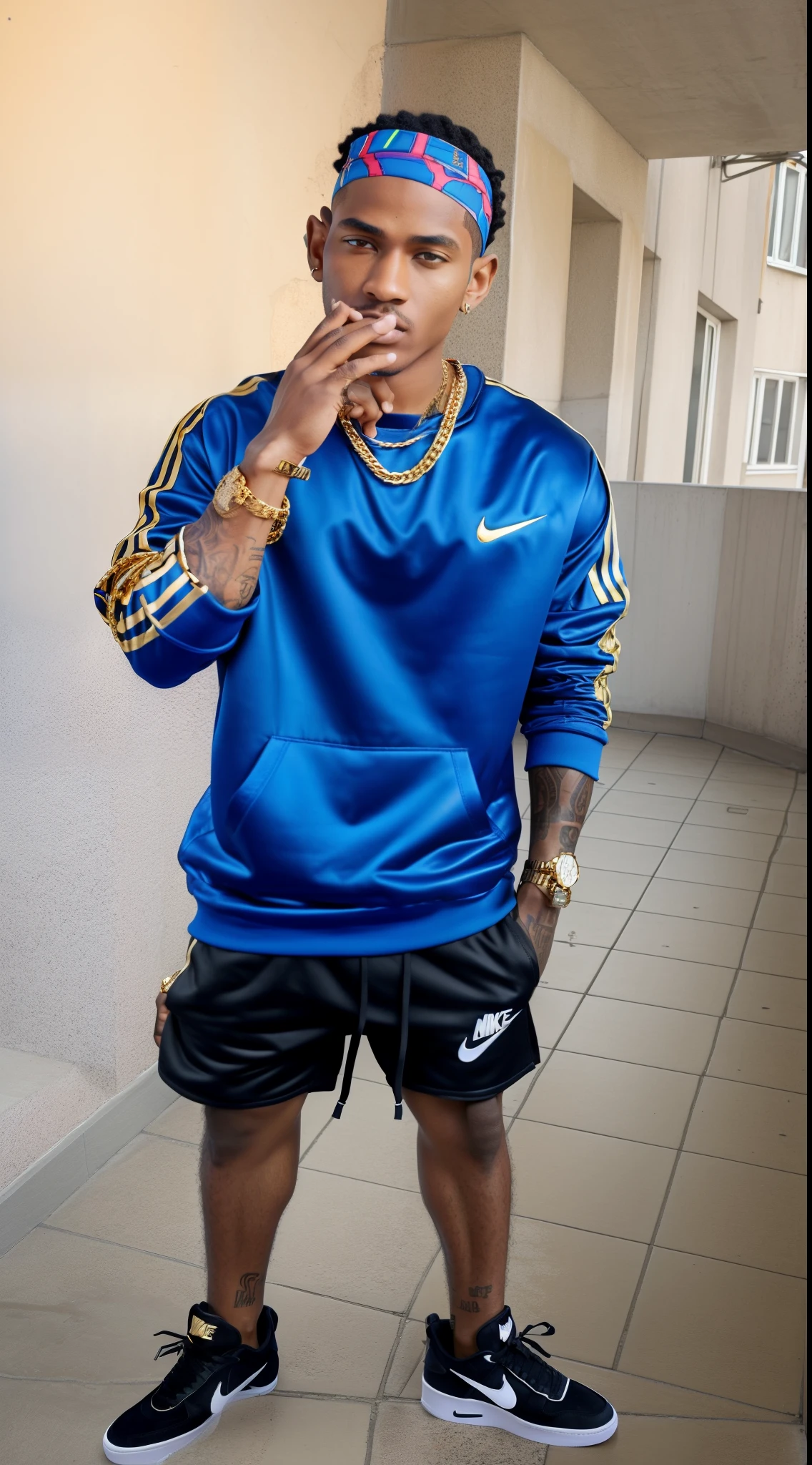 Famous rap artist, Star, Dressed in an expensive tracksuit, Gold Chains, Gold bracelets, Expensive watches, There is a bandana on his head, Nike sneaker shoes in acid colors, Hyper Detail, High-definition photos, professional photo,