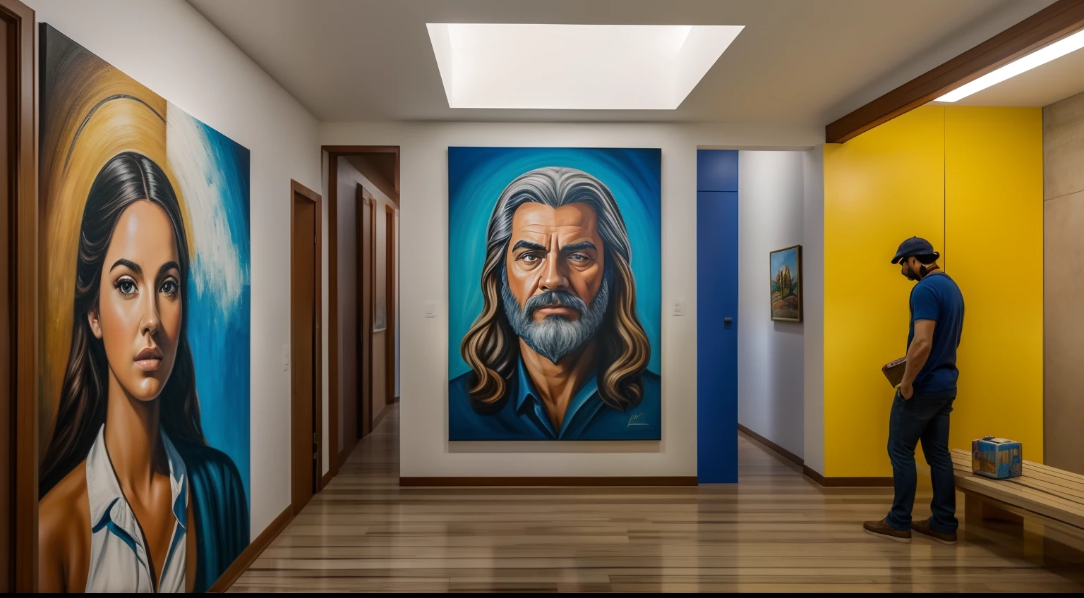 Uma imagem de uma galeria de arte com as pinturas do protagonista exibidas, pessoas admirando as obras e interagindo com o artista.