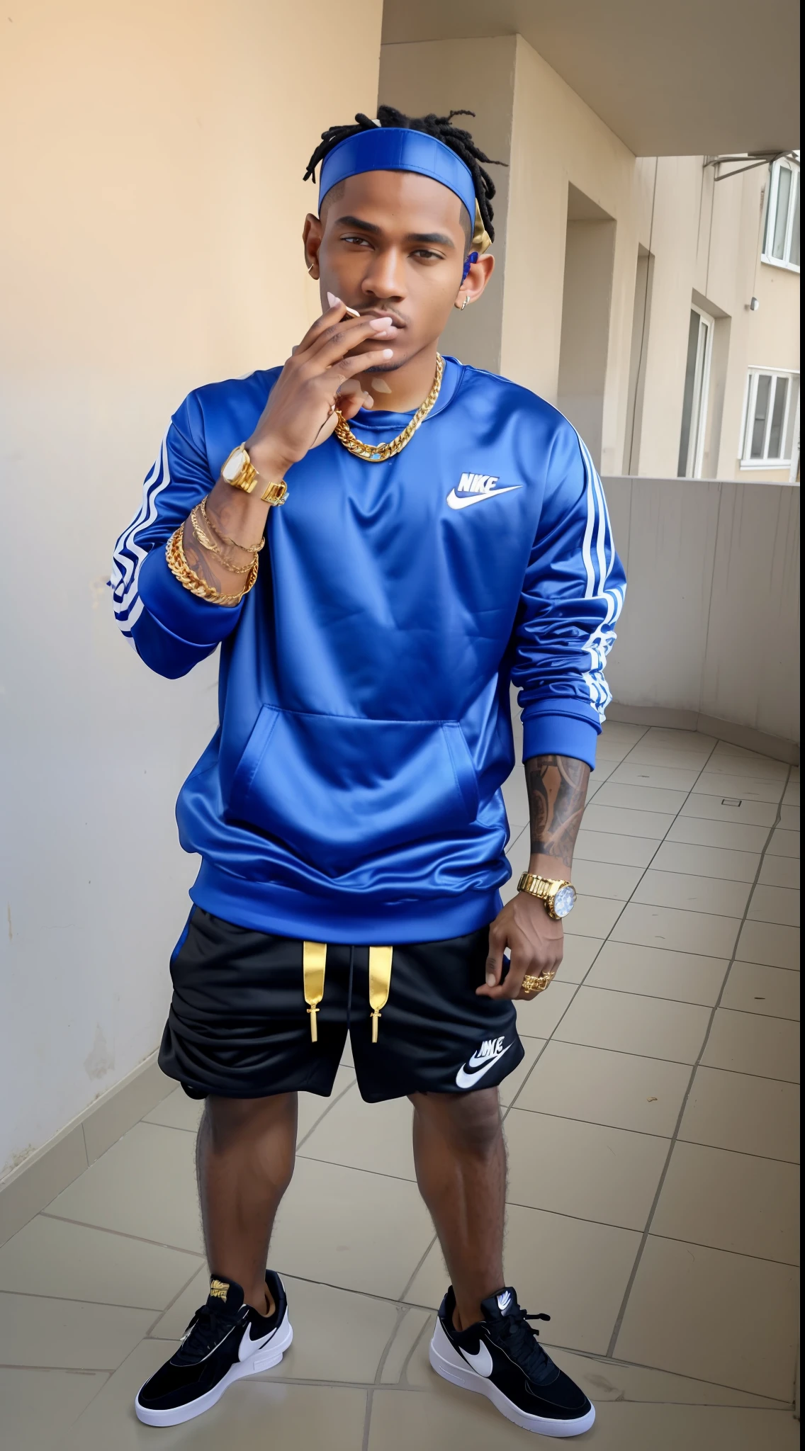 Famous rap artist, Star, Dressed in an expensive tracksuit, Gold Chains, Gold bracelets, Expensive watches, There is a bandana on his head, Nike sneaker shoes in acid colors, Hyper Detail, High-definition photos, professional photo,