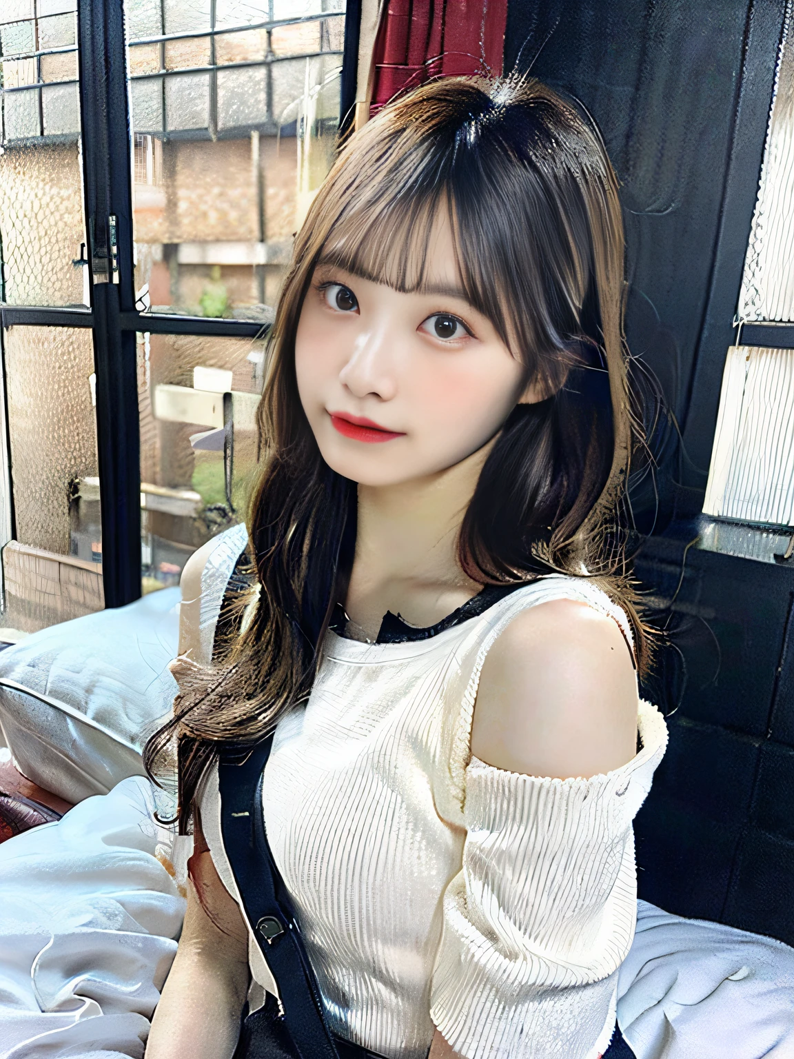 Aika, 1girll, Solo, Long hair:1.5, view the viewer, Blush, bangs, Closed mouth, Green eyes, Orange hair, Shy, Tsundere, jewelry, 鎖骨, off-the-shoulder shirts, White shirt, puffy short sleeves, belt, Skirt, Estampados florales, Bare legs, Masterpiece,Best quality,Ultra-detailed,very detailed illustration,Extremely detailed,Intricate details,A high resolution,super complex detail,extremely detailed 8k cg wallpape, Caustics,Reflection,Ray tracing, Blush, Background, illustration, Bare legs, Liying lay on the bed, on back, Bed, (lift skirts),