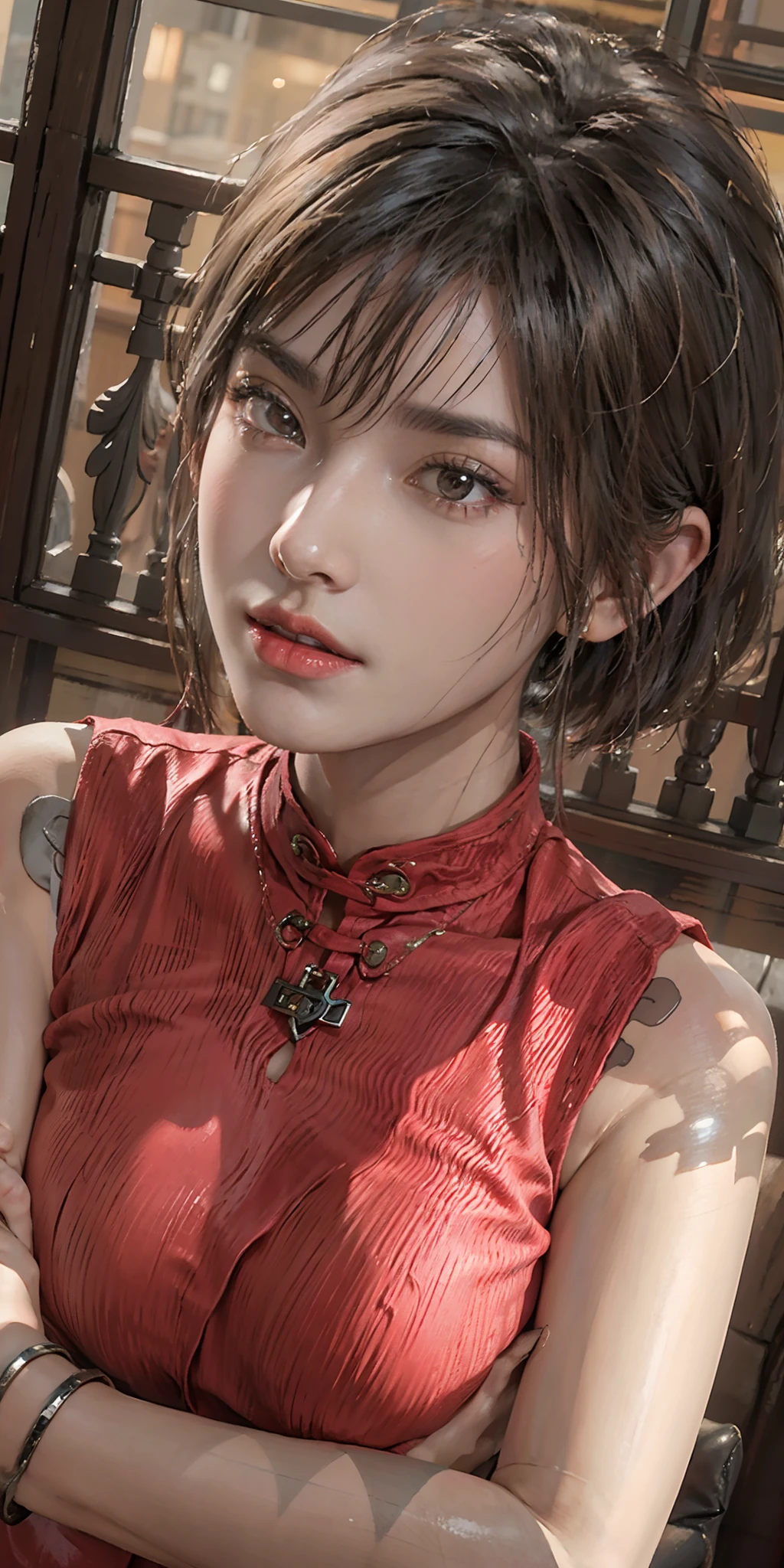 photorealistic, high resolution, soft light,1women, solo, hips up, (detailed face),  Ada Wong in the Resident Evil 4 remake， short detailed hair， brunette color hair， Red cheongsam， Short-sleeved shirt，， nedium breasts， upper legs， hindquarters， black heels, tattoo, jewelry