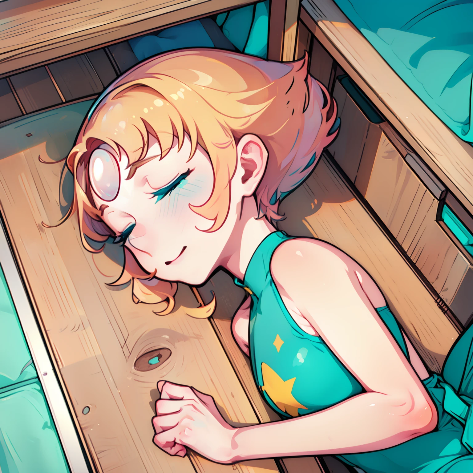 1girl, Pearl, pale, ivory complexion, light-cyan eyes, peach-colored hair, forehead gem, aqua blue tunic, cyan high-waist ribbon, yellow shorts, star emblem, swept-back hair, short hair, pearl gem, pointy nose, pink socks, light blue ballet flats, sleeping, eyes closed, perfect anatomy