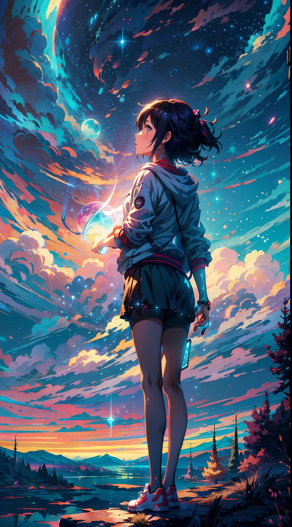 anime girl standing on a rock looking at a star filled sky, makoto shinkai cyril rolando, anime art wallpaper 4k, anime art wallpaper 4 k, anime art wallpaper 8 k, cosmic skies. by makoto shinkai, inspired by Cyril Rolando, in the style dan mumford artwork, amazing wallpaper, by Yuumei