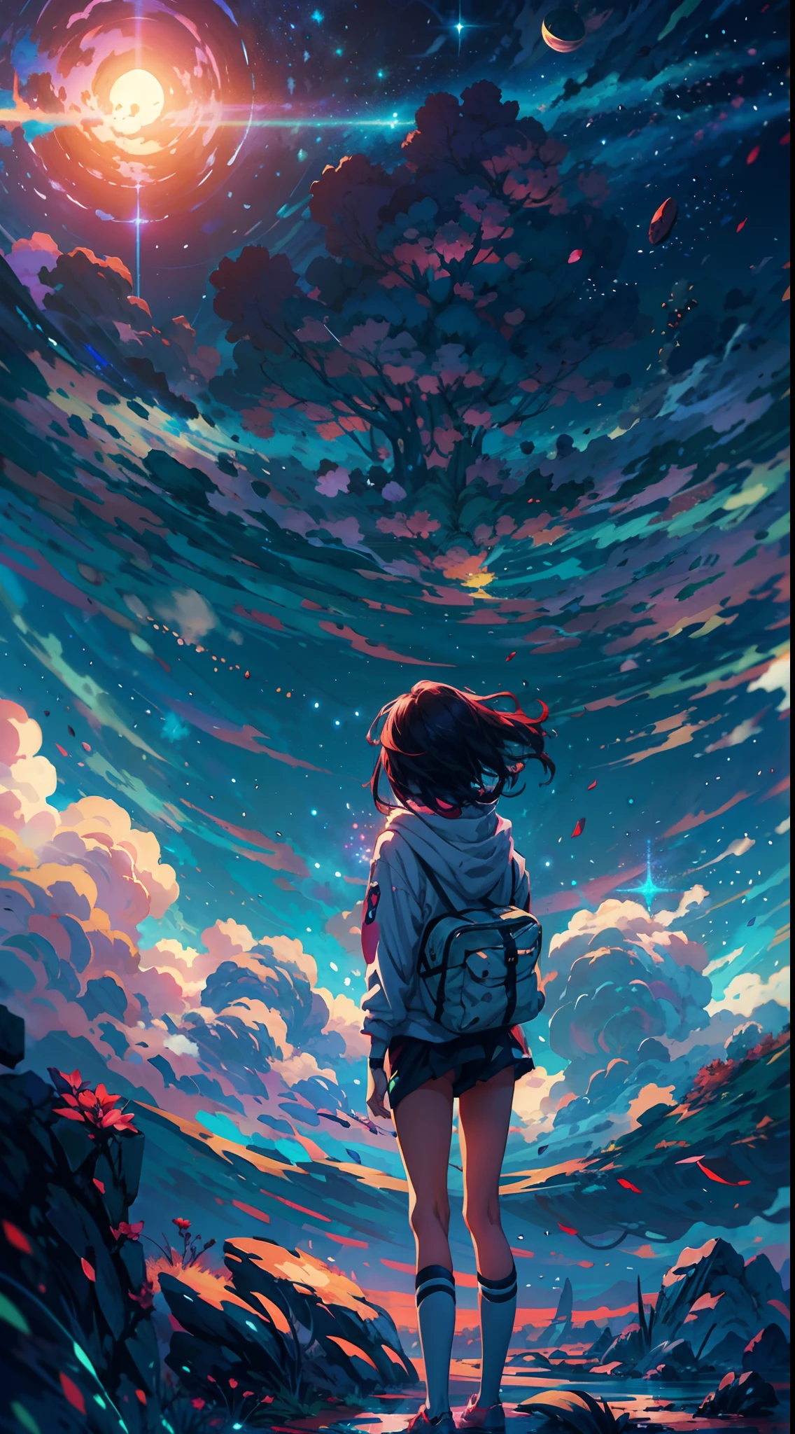 anime girl standing on a rock looking at a star filled sky, makoto shinkai cyril rolando, anime art wallpaper 4k, anime art wallpaper 4 k, anime art wallpaper 8 k, cosmic skies. by makoto shinkai, inspired by Cyril Rolando, in the style dan mumford artwork, amazing wallpaper, by Yuumei