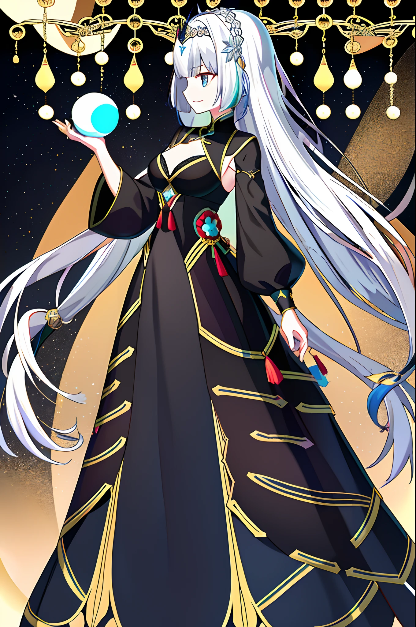 独奏， solofocus， 1womanl， Morgan Le Fay\（destiny\）， black long dress， UFO screen cover，dual horsetail，long whitr hair，diadems，FGO Genie， full bodyesbian， standing on your feet， with black background， simple backgound， Look far，