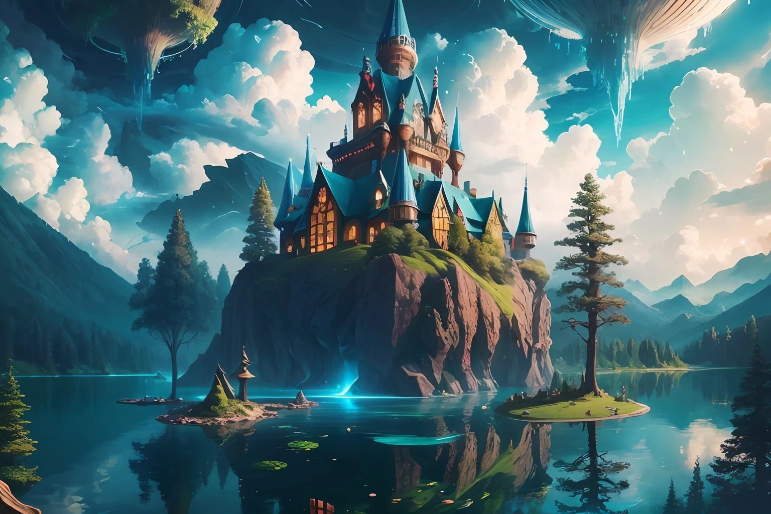 Elf Kingdom, house full of design, forest, lake, sky, clouds, fantasy incredible, supersaturated, surreal, Pixar style, high resolution, artgerm, masterpiece, super detailed, epic composition, high quality, highest quality, 16k