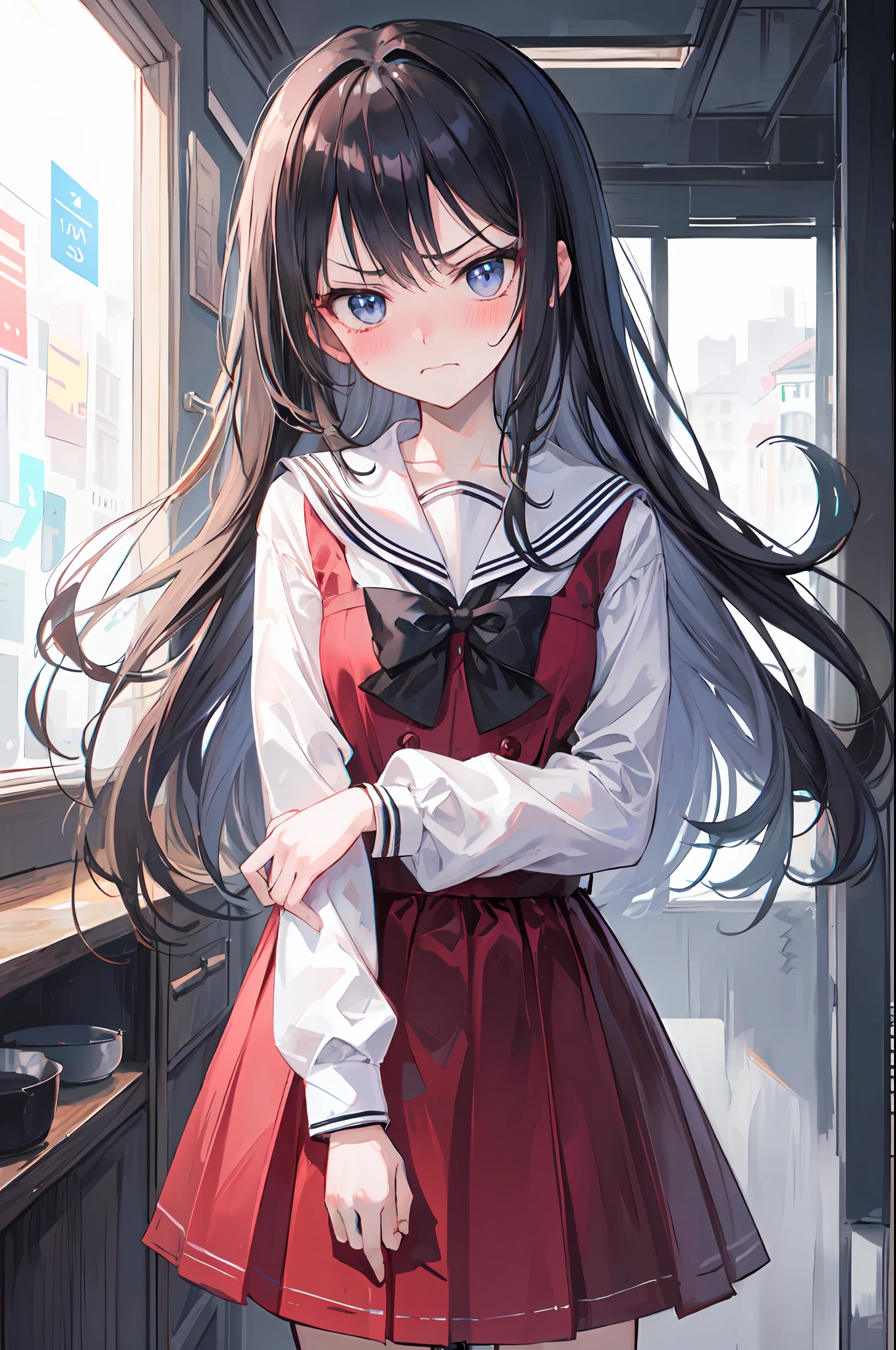 (8K,RAW photos,highest quality, masterpiece,HDR,bloom:1.2),li,young,cute,sweet,(angry face,blush,embarrassed;1.2),indoor,school outfit