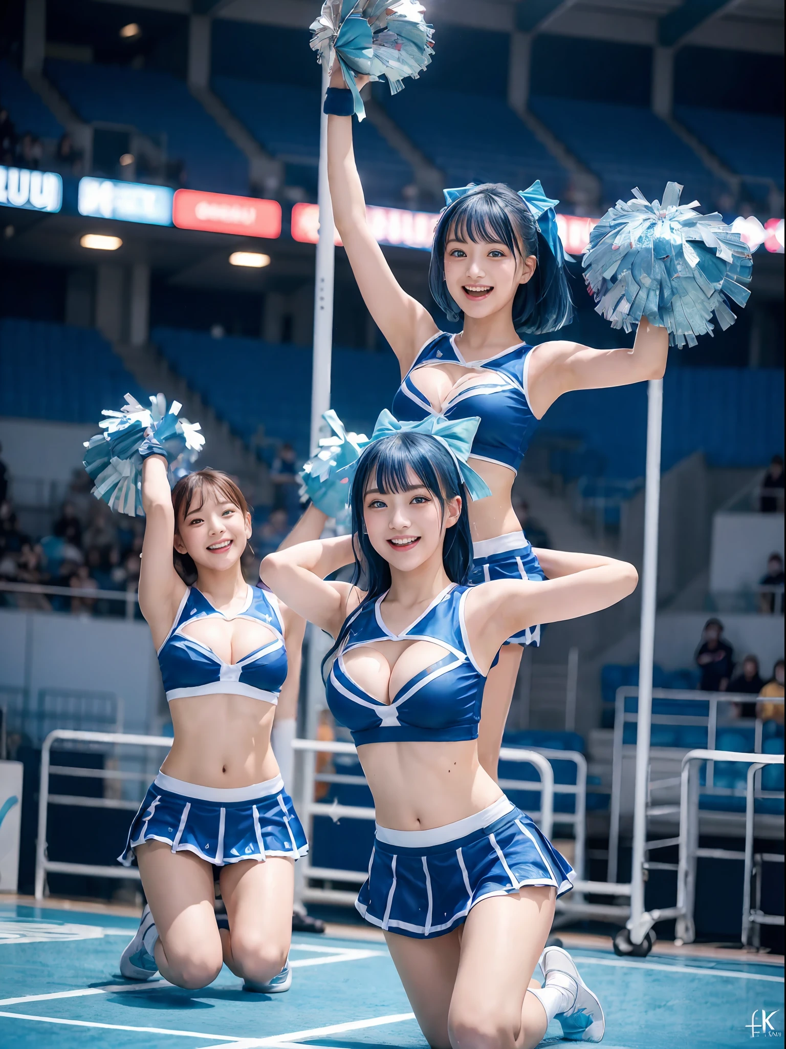 (((top-quality、8K、photographrealistic:1.4、​masterpiece)))、Back lighting、Highly detailed facial texture woman、18year old、(((Blue Cheerleader:1.2)))、((Stadium Background:1.2))、with arms up、A smile、open open mouth、shiny blue hair and short hairstyle、blue hairs。short-hair。Parted sleeves, bare shoulders​, Center opening, cleavage of the breast, Central chest,crouching cowgirl、bow ribbon。Twin-tailed。Kneeling