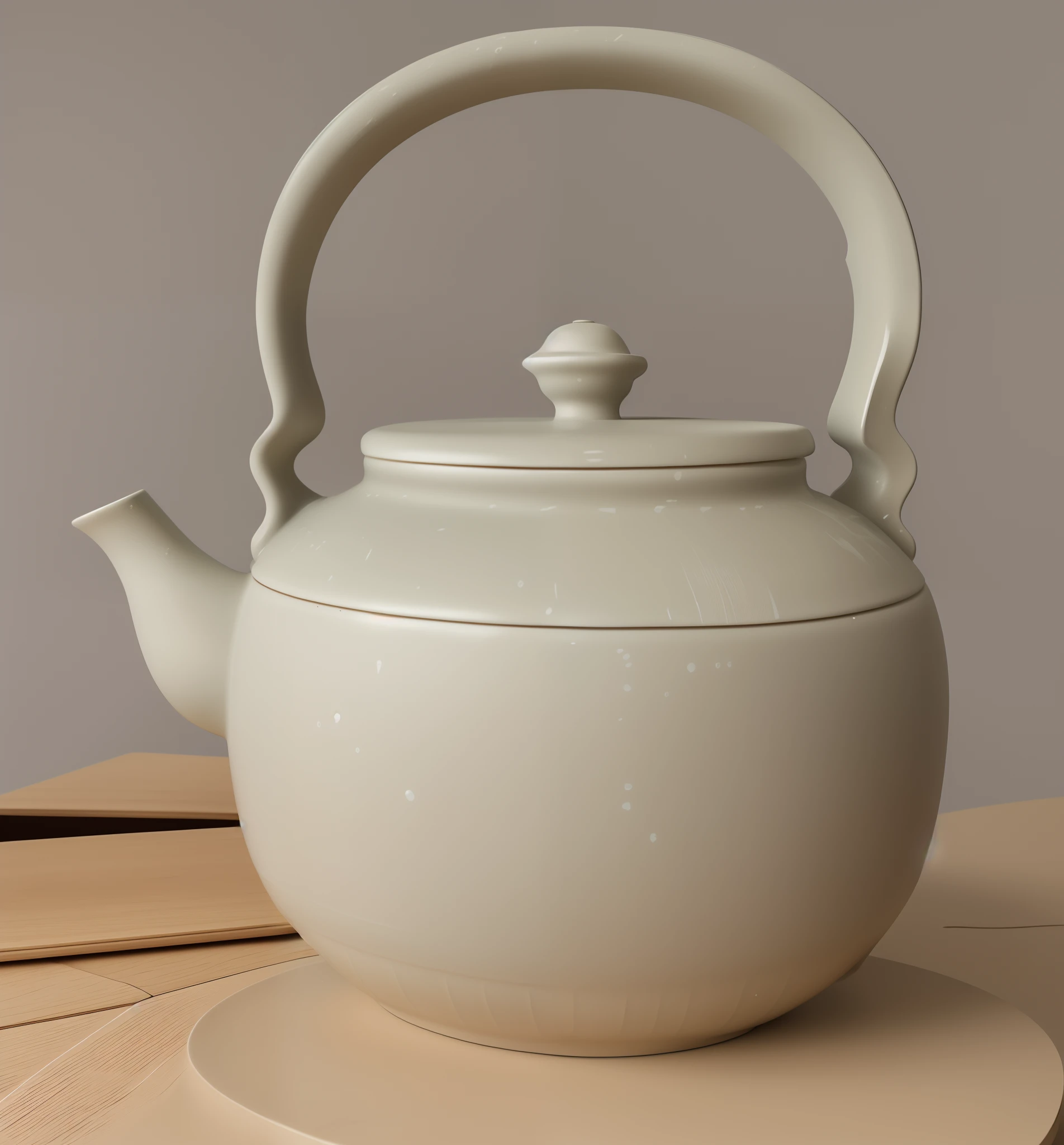 On the table was a teapot with a handle, pot, teapot : 1, teapot, kettle, inspired by Maruyama Ōkyo, handmade pottery, inspired by Hendrik Gerritsz Pot, Japan pottery, teapot, Inspired by Kawai Tamamichi, 3d clay render, 3 d clay render, clay render