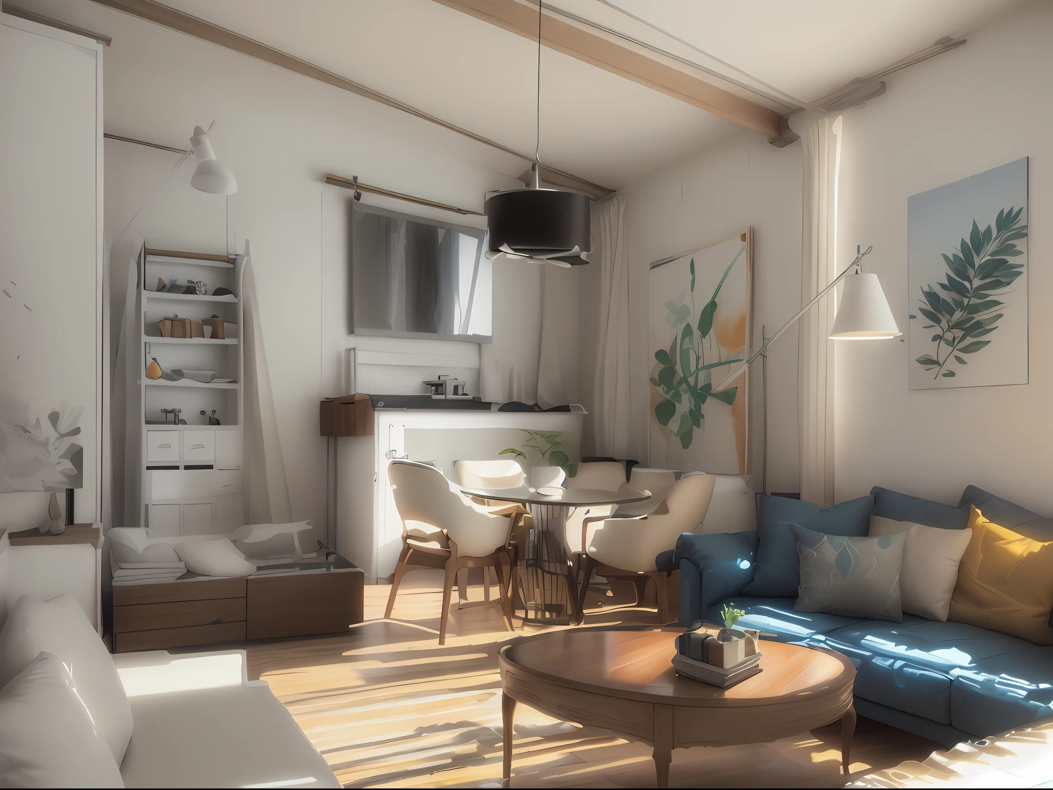 a living room with a sofa, mesa, sillas y una cocina, Painting a room, architectural painting, en estilo de realismo simplificado, Acuarela realista, Apartamento de un estudiante de arte, a photorealistic rendering, Interior design details, Acuarela realista, Pintura realista y detallada, Eclectic concept, photorealistic illustration, Pintura realista detallada, Beautiful Rendering