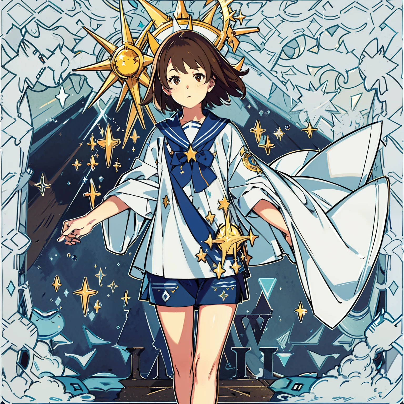 tmasterpiece,A high resolution,best qualtiy,1girl solo,teens girl,starrysky,Wearing a brown sailor suit,Cloak with sun charms and star motifs,Brown hair,Star Eyes,There are stars in the pupils,Japanese style,Half realistic,nigth,with light glowing,short detailed hair,Brown hair