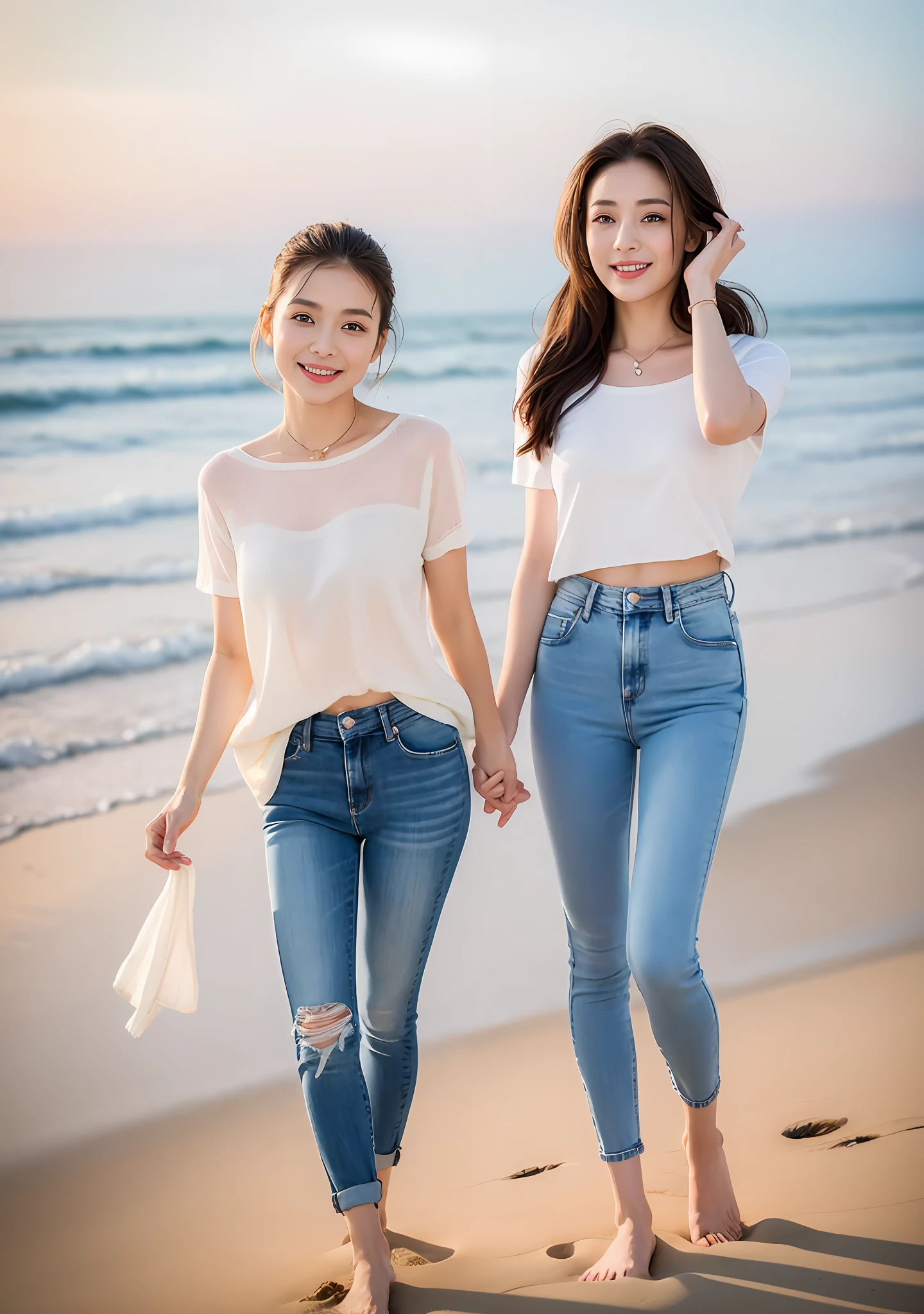 Woman in jeans on the beach,Dancing sexy,Full body shooting:1.8(RAW photogr,超高分辨率,8K,HD,tmasterpiece,best qualtiy),Complicated details, 20 years old Asian woman,Women wear smoke-grey cropped anxie skinny sweaters(Slim fit,Fit snugly to the body)and trendy jeans with open navels,Realistic and detailed costumes,Detailed beach,A sweet smile appeared on the little face,The face is white and tender,skin lightening,Ultra-realistic facial details,Beautiful accessories,Playful and coquettish pose,The calves are straight and slender:1.5,Wear high-end branded travel shoes:1.5,eventide,warm color,Broad lighting,naturalshadow,taking a full body photo:1.8