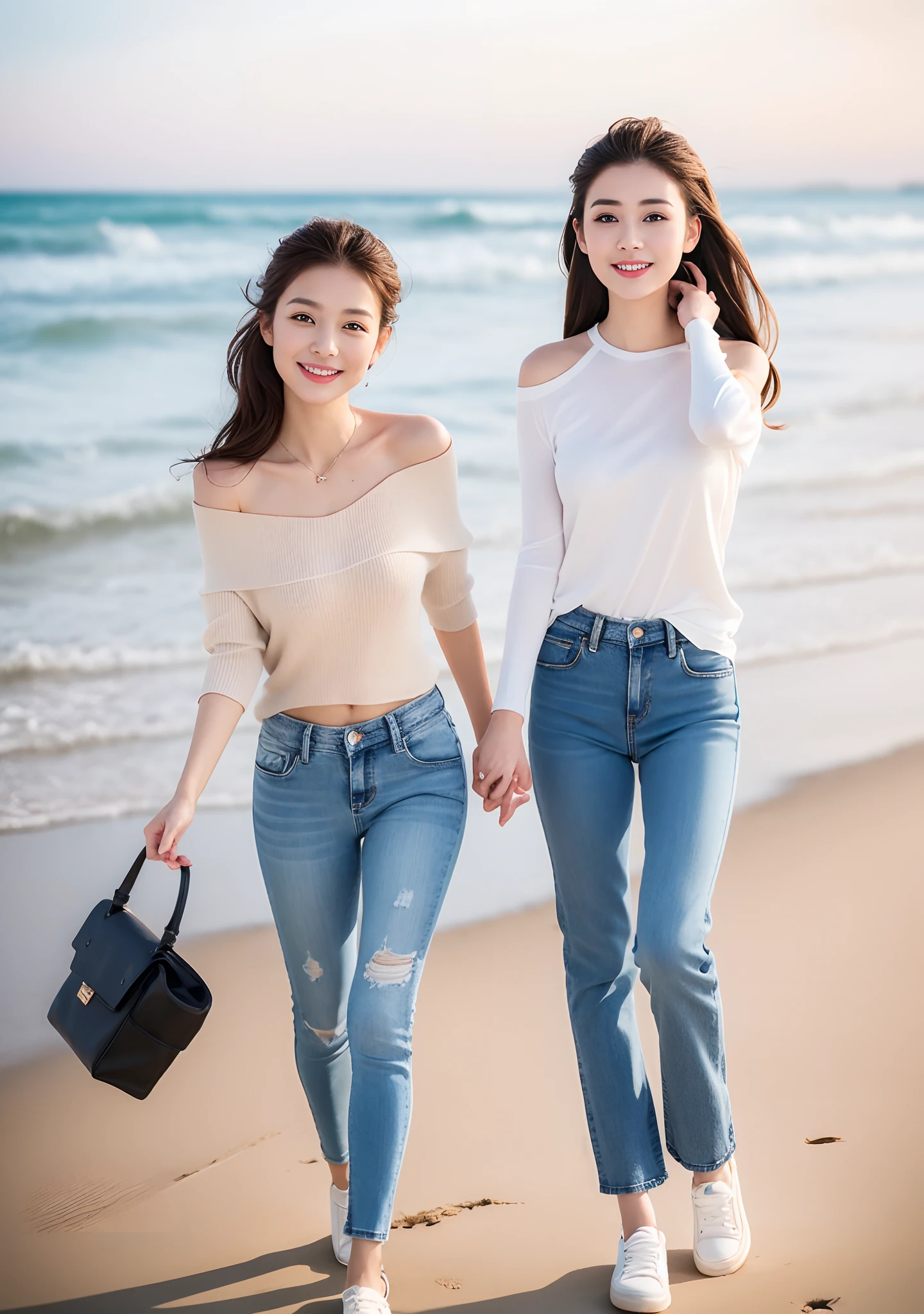 Woman in jeans on the beach，Dancing sexy，Full body shooting:1.8（RAW photogr，超高分辨率，8K,HD,tmasterpiece，best qualtiy），Complicated details， 20 years old Asian woman，Women wear smoke-grey cropped anxie skinny sweaters（Slim fit，Fit snugly to the body）and trendy jeans with open navels，Realistic and detailed costumes，Detailed beach，A sweet smile appeared on the little face，The face is white and tender，skin lightening，Ultra-realistic facial details，Beautiful accessories，Playful and coquettish pose，The calves are straight and slender:1.5，Wear high-end branded travel shoes:1.5，eventide，warm color，Broad lighting，naturalshadow，taking a full body photo:1.8