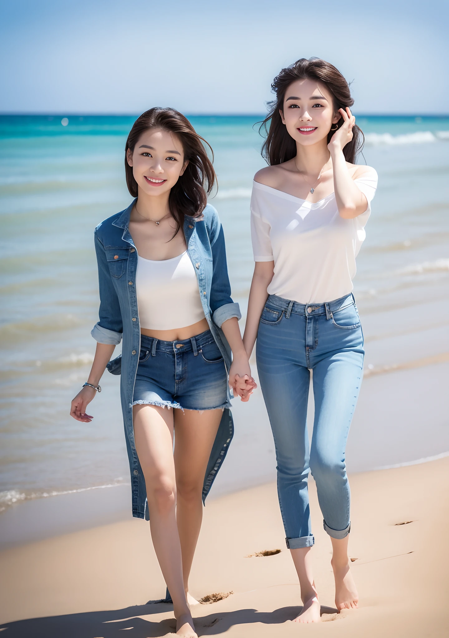 Woman in jeans on the beach，Dancing sexy，Full body shooting:1.8（RAW photogr，超高分辨率，8K,HD,tmasterpiece，best qualtiy），Complicated details， 20 years old Asian woman，Women wear smoke-grey cropped anxie skinny sweaters（Slim fit，Fit snugly to the body）and trendy jeans with open navels，Realistic and detailed costumes，Detailed beach，A sweet smile appeared on the little face，The face is white and tender，skin lightening，Ultra-realistic facial details，Beautiful accessories，Playful and coquettish pose，The calves are straight and slender:1.5，Wear high-end branded travel shoes:1.5，eventide，warm color，Broad lighting，naturalshadow，taking a full body photo:1.8